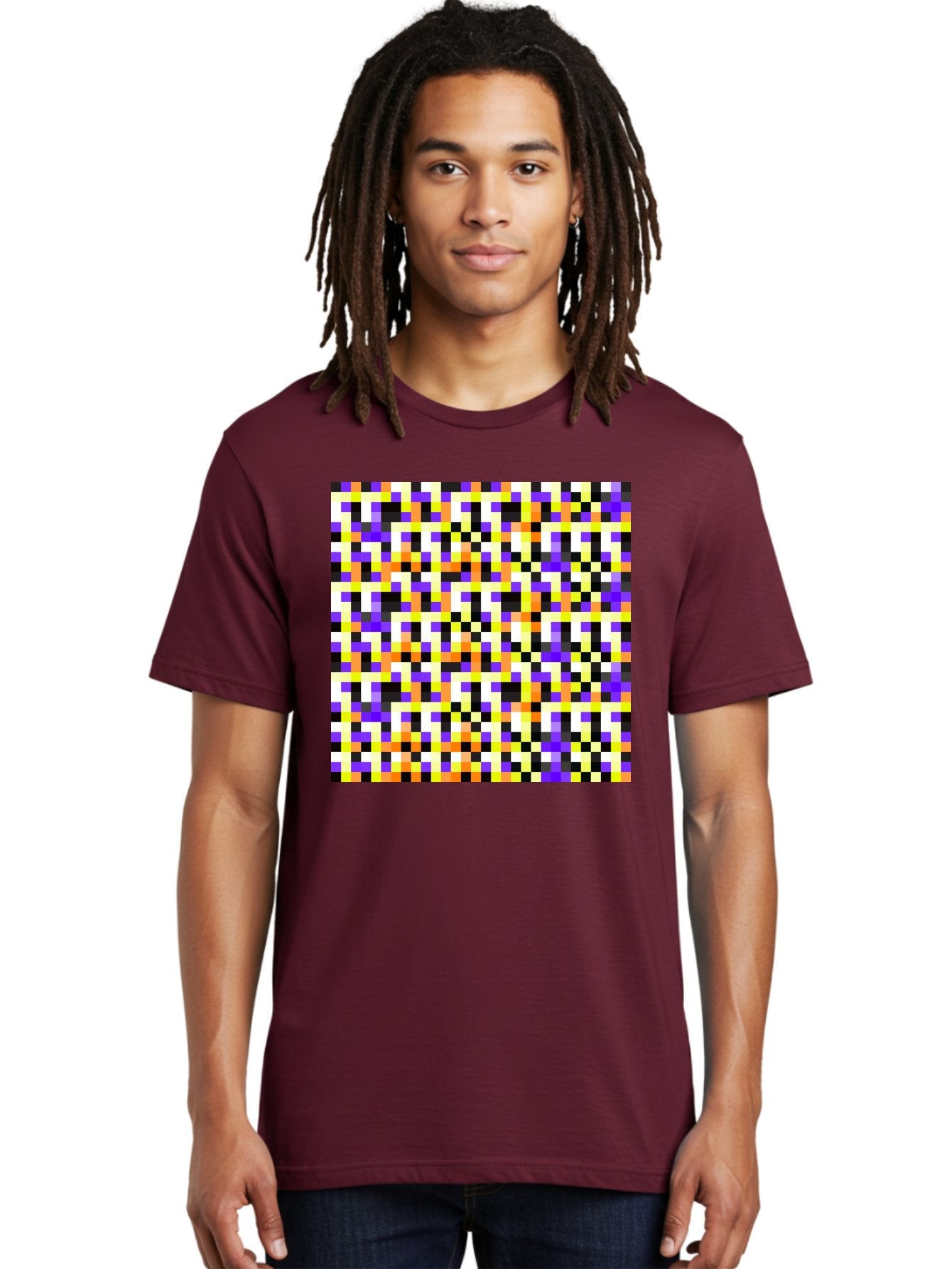 Pixel-Art-Pattern Men'S Graphic Tee, 100% Cotton, Comfortable Casual Summer Wear, Machine Washable, Vibrant Pixel Art, Colorful Pattern, Digital Design, Abstract Art, Bright Colors, Yellow, Orange, Purple, Black, White, Geometric Shapes, Aac415 18