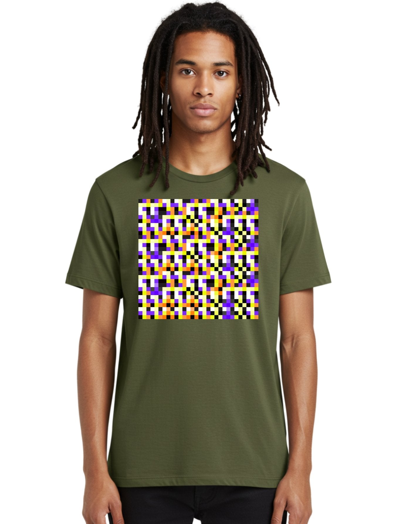 Pixel-Art-Pattern Men'S Graphic Tee, 100% Cotton, Comfortable Casual Summer Wear, Machine Washable, Vibrant Pixel Art, Colorful Pattern, Digital Design, Abstract Art, Bright Colors, Yellow, Orange, Purple, Black, White, Geometric Shapes, Aac415 27