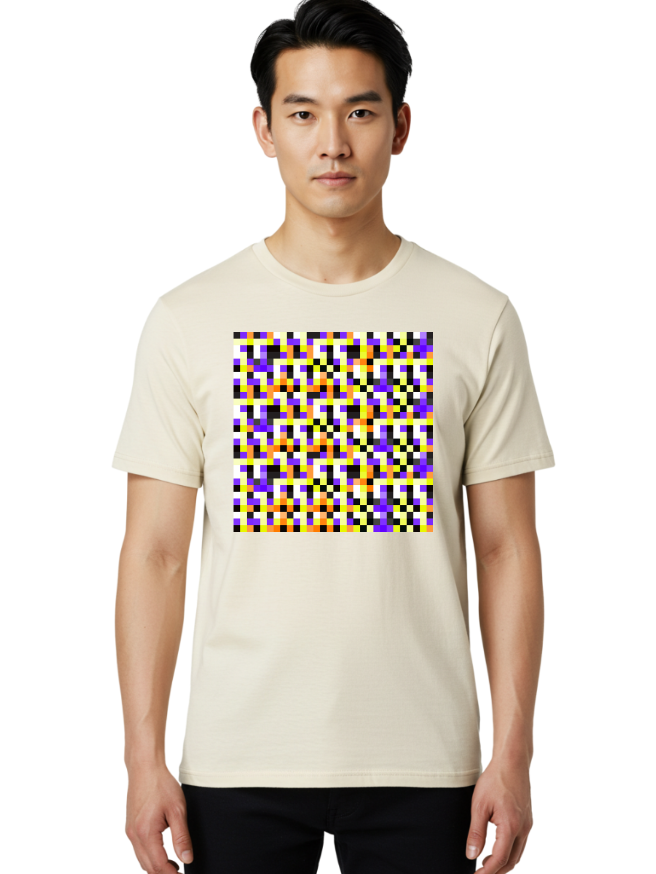 Pixel-Art-Pattern Men'S Graphic Tee, 100% Cotton, Comfortable Casual Summer Wear, Machine Washable, Vibrant Pixel Art, Colorful Pattern, Digital Design, Abstract Art, Bright Colors, Yellow, Orange, Purple, Black, White, Geometric Shapes, Aac415 26