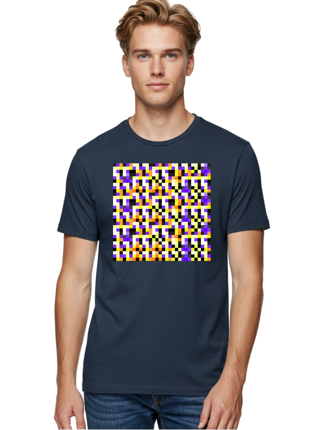Pixel-Art-Pattern Men'S Graphic Tee, 100% Cotton, Comfortable Casual Summer Wear, Machine Washable, Vibrant Pixel Art, Colorful Pattern, Digital Design, Abstract Art, Bright Colors, Yellow, Orange, Purple, Black, White, Geometric Shapes, Aac415 21