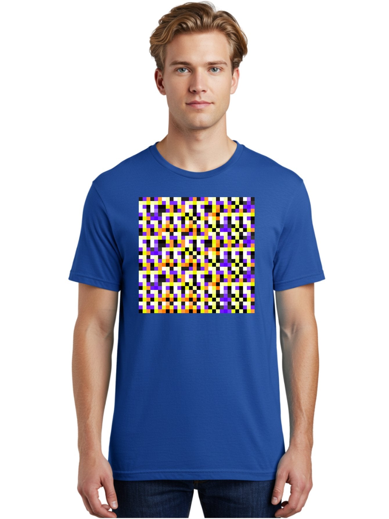 Pixel-Art-Pattern Men'S Graphic Tee, 100% Cotton, Comfortable Casual Summer Wear, Machine Washable, Vibrant Pixel Art, Colorful Pattern, Digital Design, Abstract Art, Bright Colors, Yellow, Orange, Purple, Black, White, Geometric Shapes, Aac415 24