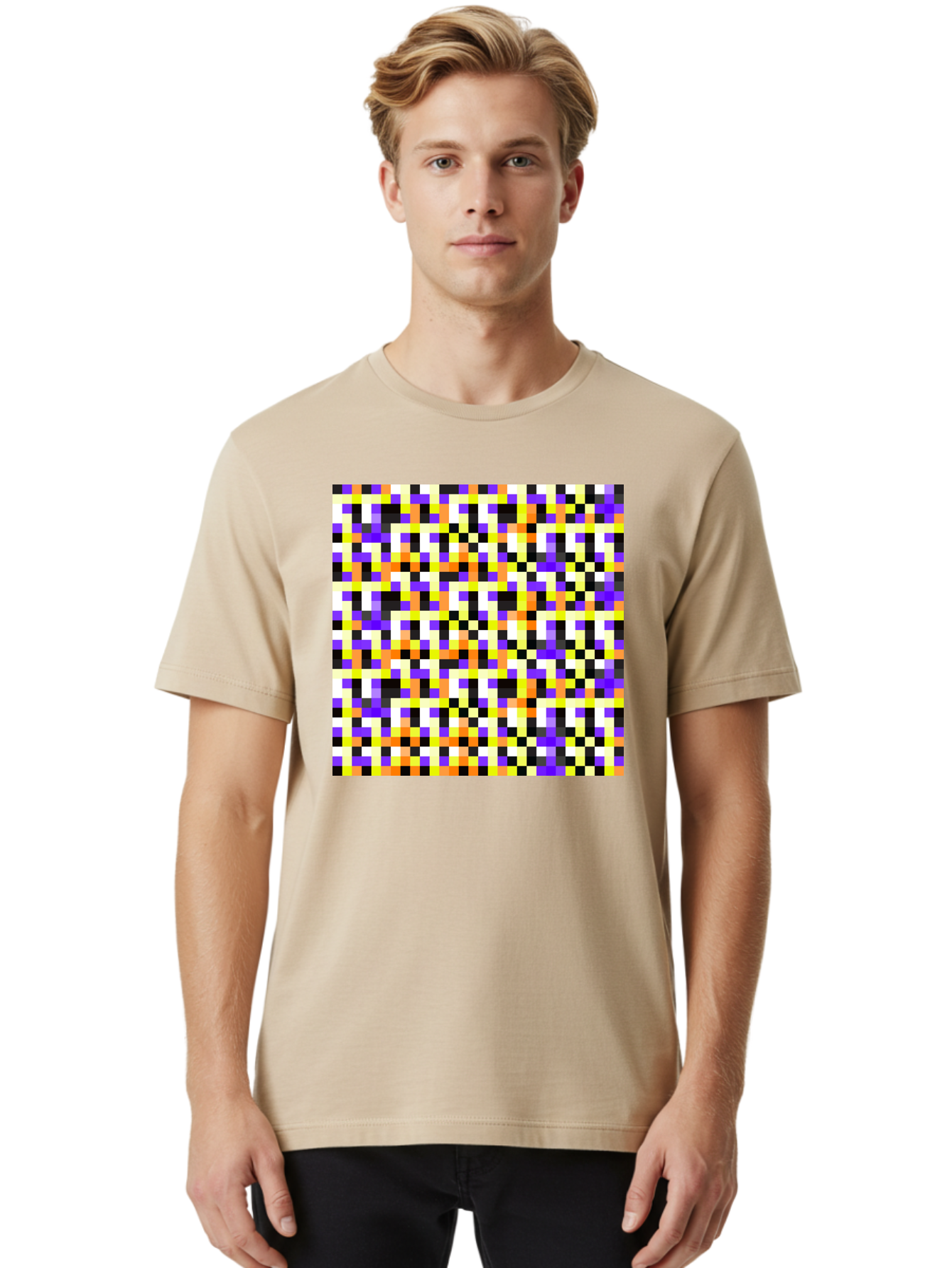 Pixel-Art-Pattern Men'S Graphic Tee, 100% Cotton, Comfortable Casual Summer Wear, Machine Washable, Vibrant Pixel Art, Colorful Pattern, Digital Design, Abstract Art, Bright Colors, Yellow, Orange, Purple, Black, White, Geometric Shapes, Aac415 6