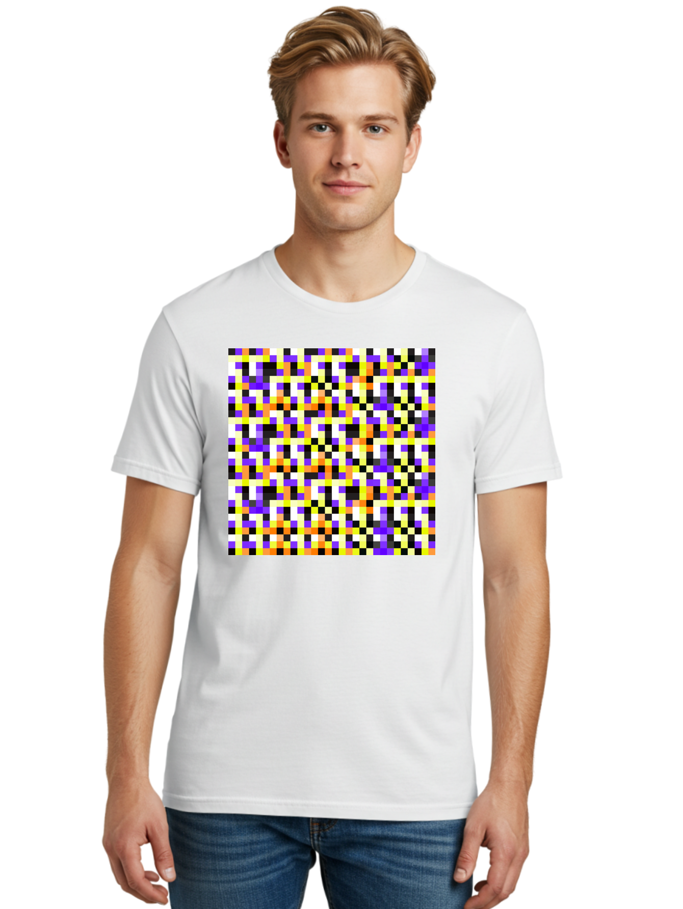 Pixel-Art-Pattern Men'S Graphic Tee, 100% Cotton, Comfortable Casual Summer Wear, Machine Washable, Vibrant Pixel Art, Colorful Pattern, Digital Design, Abstract Art, Bright Colors, Yellow, Orange, Purple, Black, White, Geometric Shapes, Aac415 28