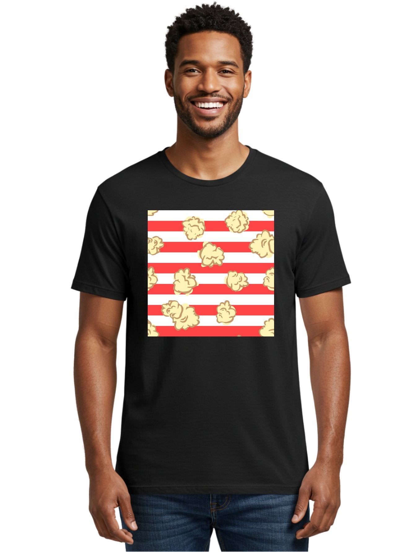 Popcorn-Stripes Men'S Graphic Tee, 100% Cotton, Comfortable Casual Summer Wear, Machine Washable, Popcorn, Red And White Stripes, Movie Snack, Cinematic Treats, Yellow Popcorn, Striped Background, Popcorn Illustration, Snack Time, Film Night, Aac416 25
