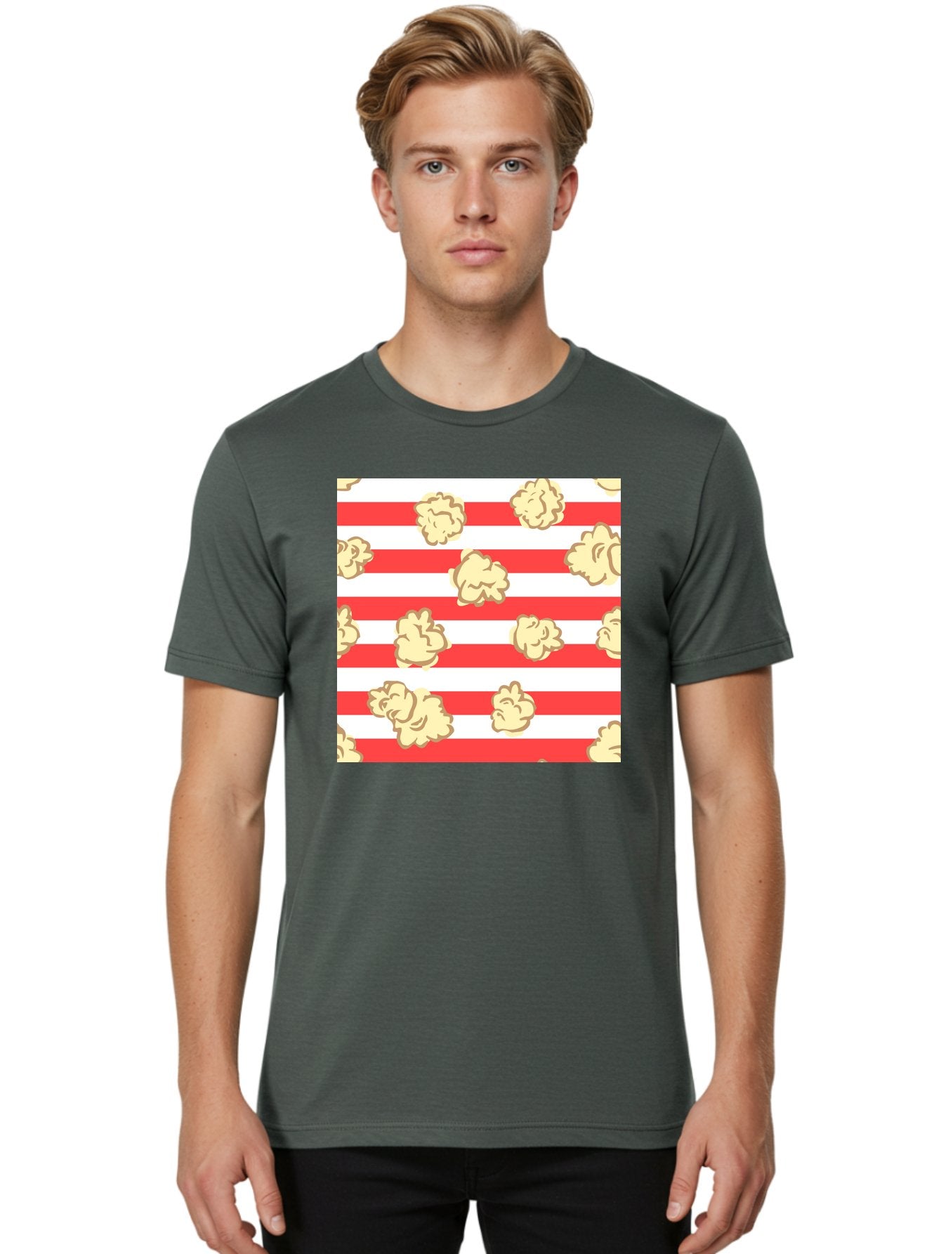 Popcorn-Stripes Men'S Graphic Tee, 100% Cotton, Comfortable Casual Summer Wear, Machine Washable, Popcorn, Red And White Stripes, Movie Snack, Cinematic Treats, Yellow Popcorn, Striped Background, Popcorn Illustration, Snack Time, Film Night, Aac416 19