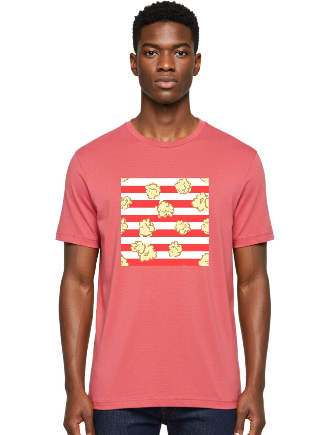 Popcorn-Stripes Men'S Graphic Tee, 100% Cotton, Comfortable Casual Summer Wear, Machine Washable, Popcorn, Red And White Stripes, Movie Snack, Cinematic Treats, Yellow Popcorn, Striped Background, Popcorn Illustration, Snack Time, Film Night, Aac416 17