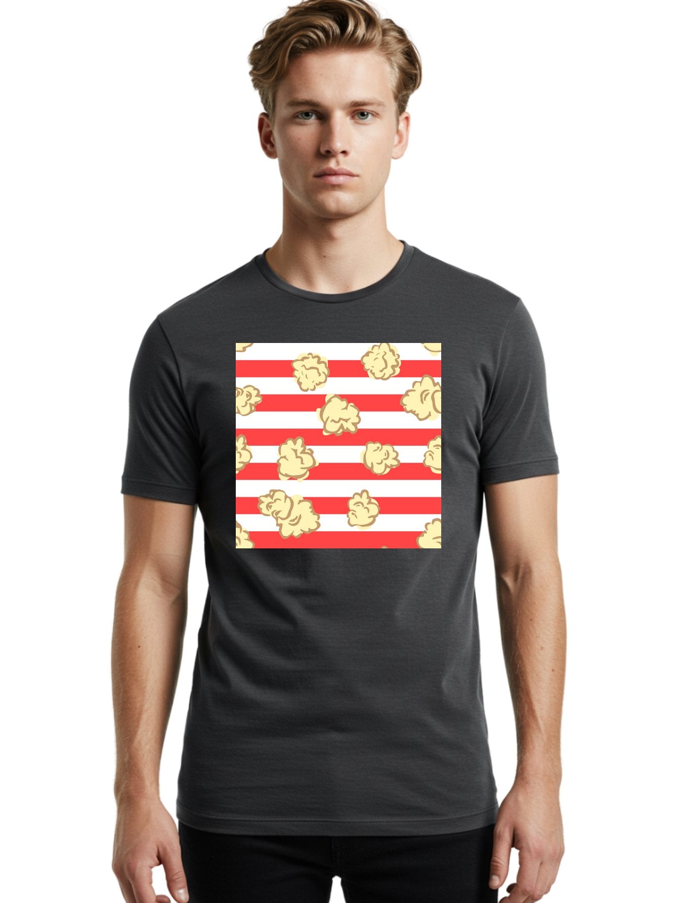 Popcorn-Stripes Men'S Graphic Tee, 100% Cotton, Comfortable Casual Summer Wear, Machine Washable, Popcorn, Red And White Stripes, Movie Snack, Cinematic Treats, Yellow Popcorn, Striped Background, Popcorn Illustration, Snack Time, Film Night, Aac416 23
