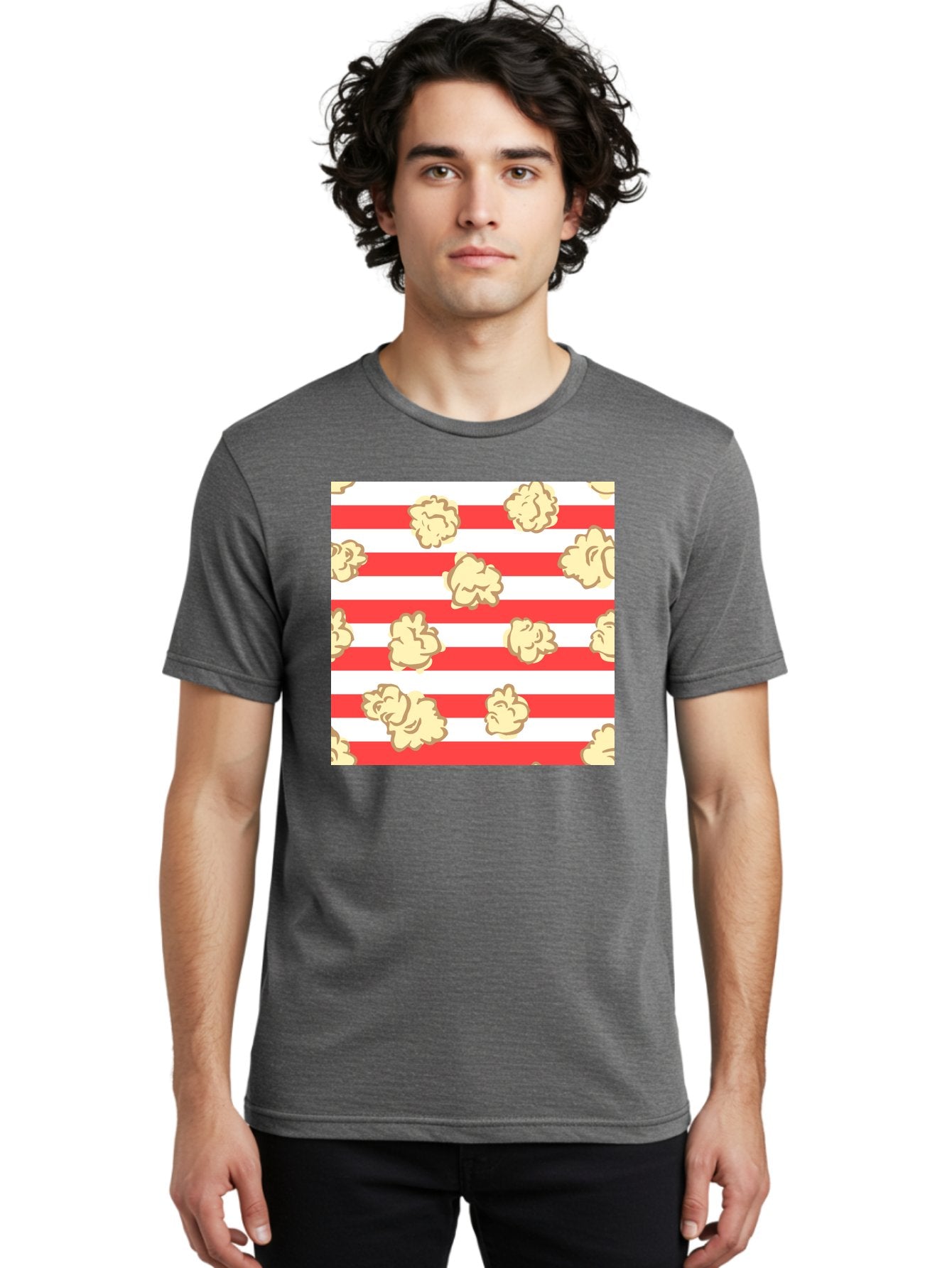 Popcorn-Stripes Men'S Graphic Tee, 100% Cotton, Comfortable Casual Summer Wear, Machine Washable, Popcorn, Red And White Stripes, Movie Snack, Cinematic Treats, Yellow Popcorn, Striped Background, Popcorn Illustration, Snack Time, Film Night, Aac416 24