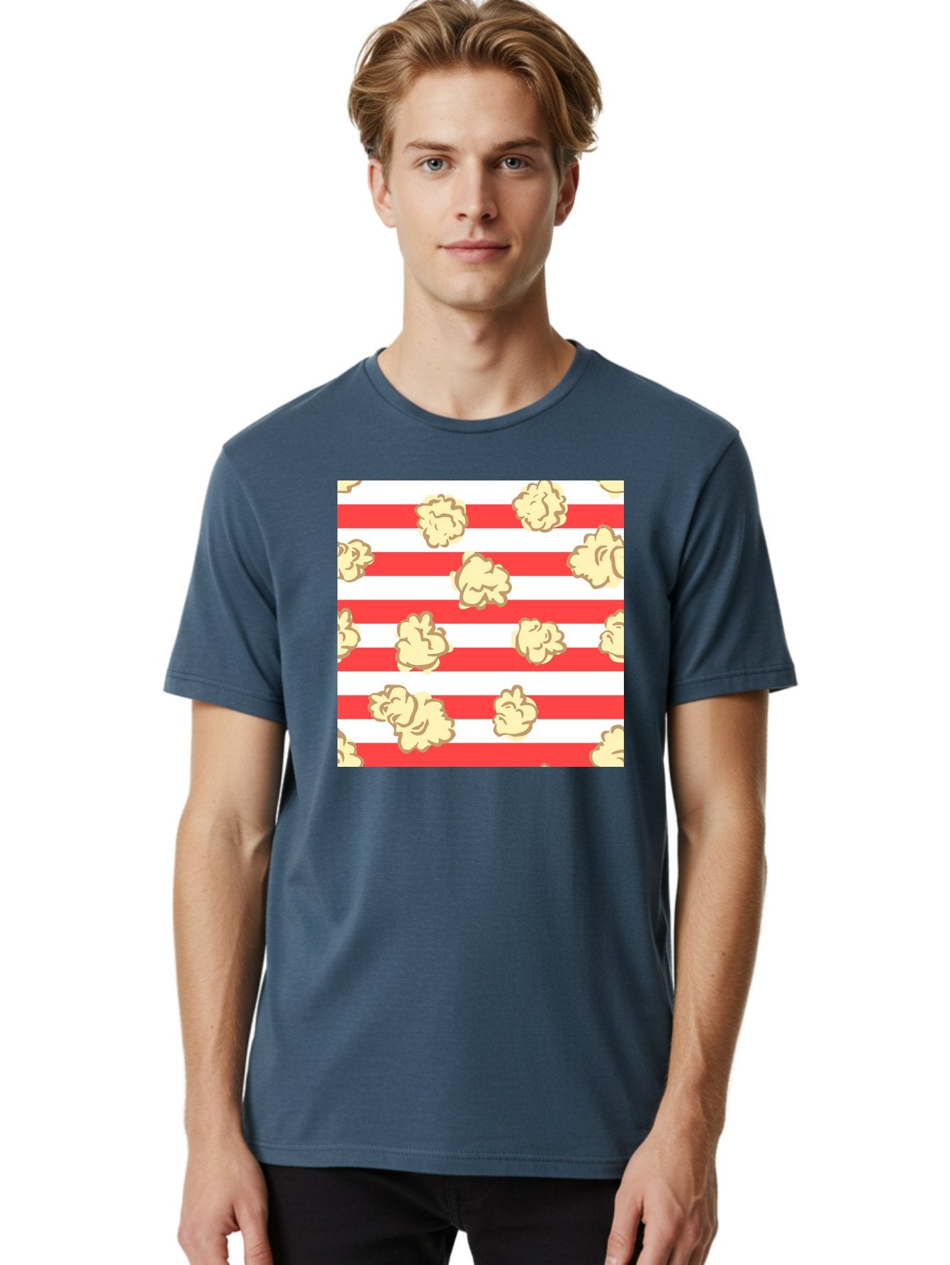 Popcorn-Stripes Men'S Graphic Tee, 100% Cotton, Comfortable Casual Summer Wear, Machine Washable, Popcorn, Red And White Stripes, Movie Snack, Cinematic Treats, Yellow Popcorn, Striped Background, Popcorn Illustration, Snack Time, Film Night, Aac416 29