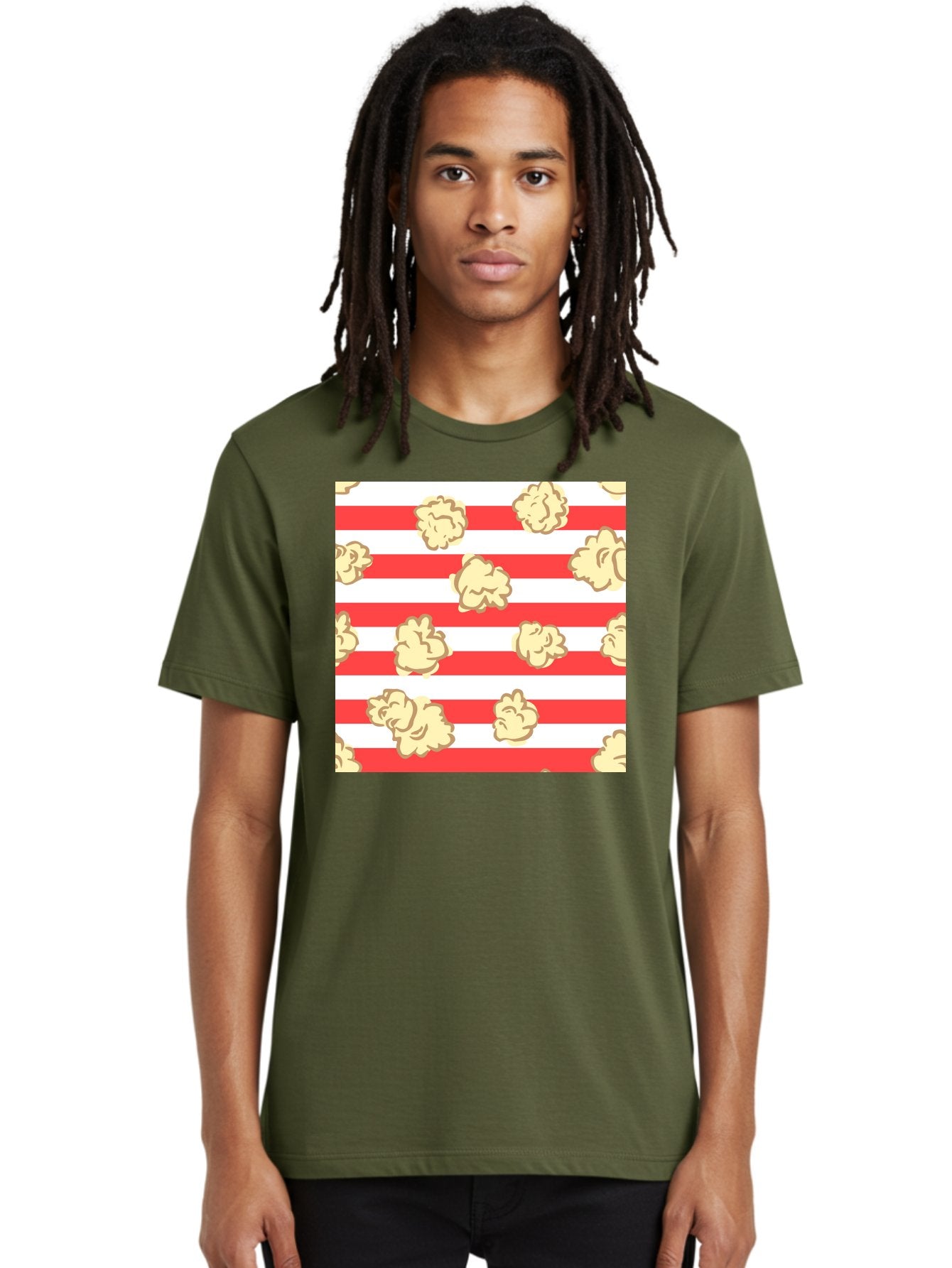 Popcorn-Stripes Men'S Graphic Tee, 100% Cotton, Comfortable Casual Summer Wear, Machine Washable, Popcorn, Red And White Stripes, Movie Snack, Cinematic Treats, Yellow Popcorn, Striped Background, Popcorn Illustration, Snack Time, Film Night, Aac416 16