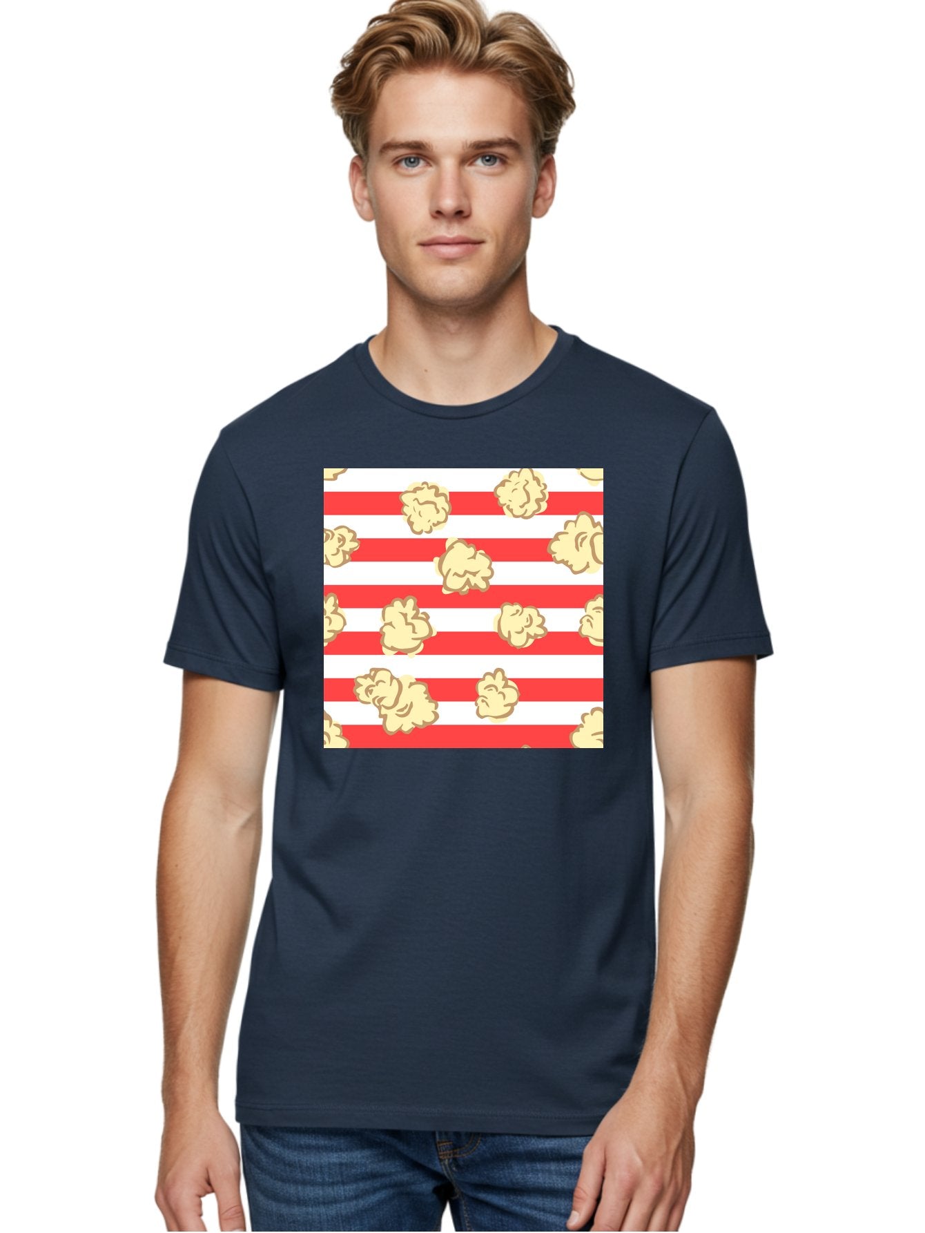 Popcorn-Stripes Men'S Graphic Tee, 100% Cotton, Comfortable Casual Summer Wear, Machine Washable, Popcorn, Red And White Stripes, Movie Snack, Cinematic Treats, Yellow Popcorn, Striped Background, Popcorn Illustration, Snack Time, Film Night, Aac416 27
