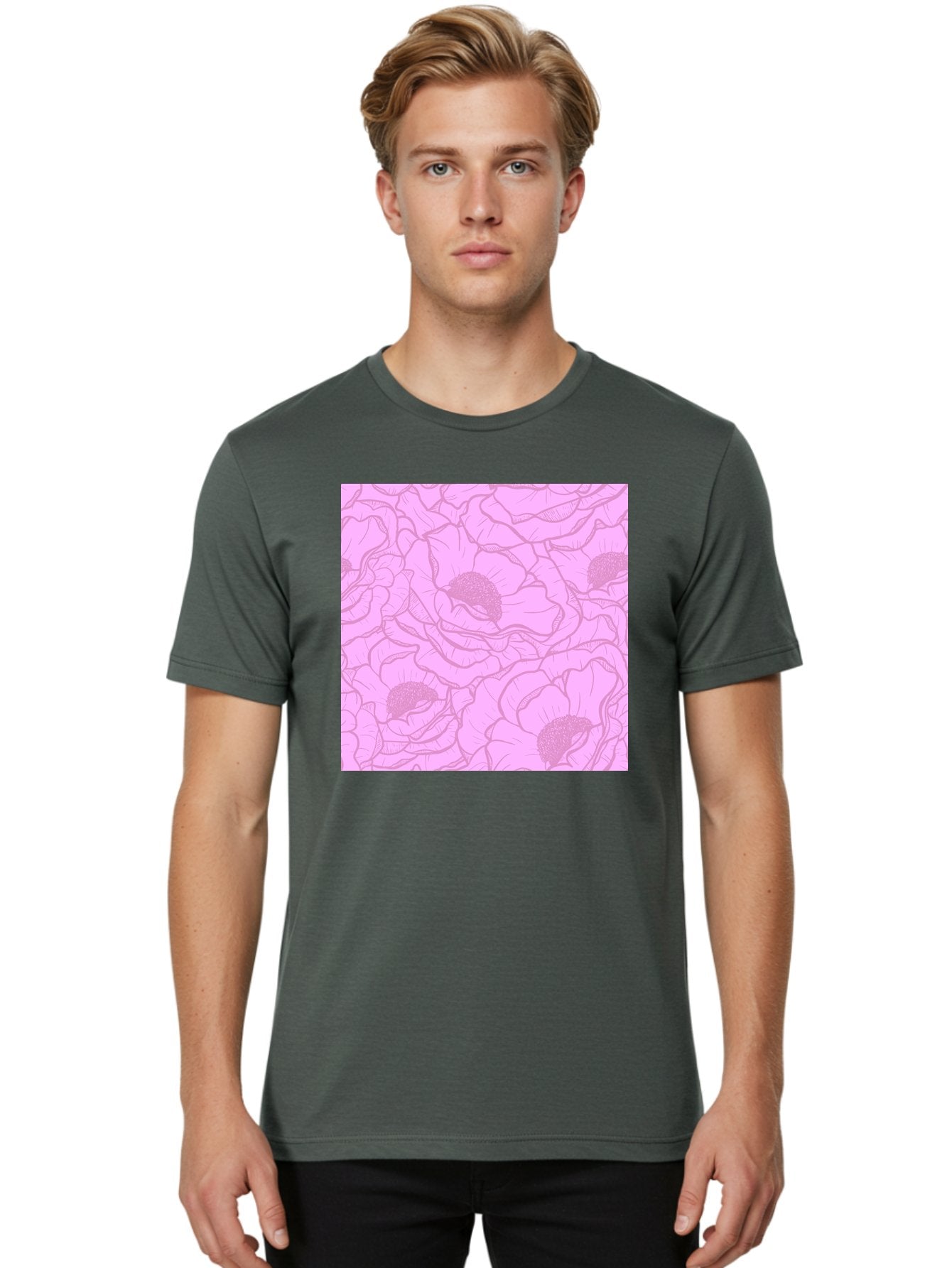 Poppies Men'S Graphic Tee, 100% Cotton, Comfortable Casual Summer Wear, Machine Washable, Pink Flowers, Floral Pattern, Delicate Petals, Intricate Details, Soft Pink Hue, Feminine Design, Bohemian Style, Wallpaper, Pastel Colors, Aac417 27