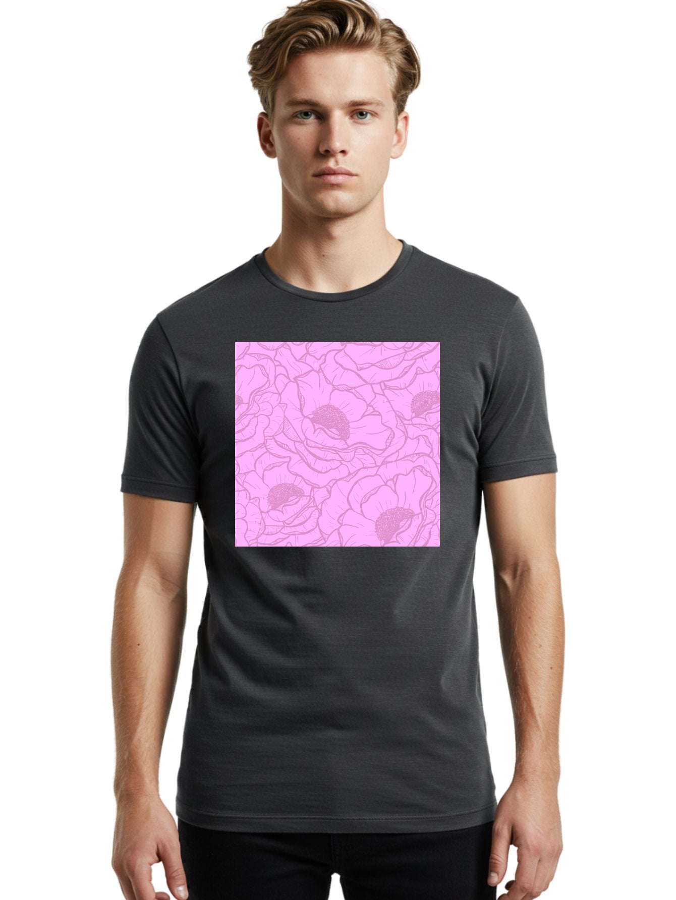 Poppies Men'S Graphic Tee, 100% Cotton, Comfortable Casual Summer Wear, Machine Washable, Pink Flowers, Floral Pattern, Delicate Petals, Intricate Details, Soft Pink Hue, Feminine Design, Bohemian Style, Wallpaper, Pastel Colors, Aac417 22