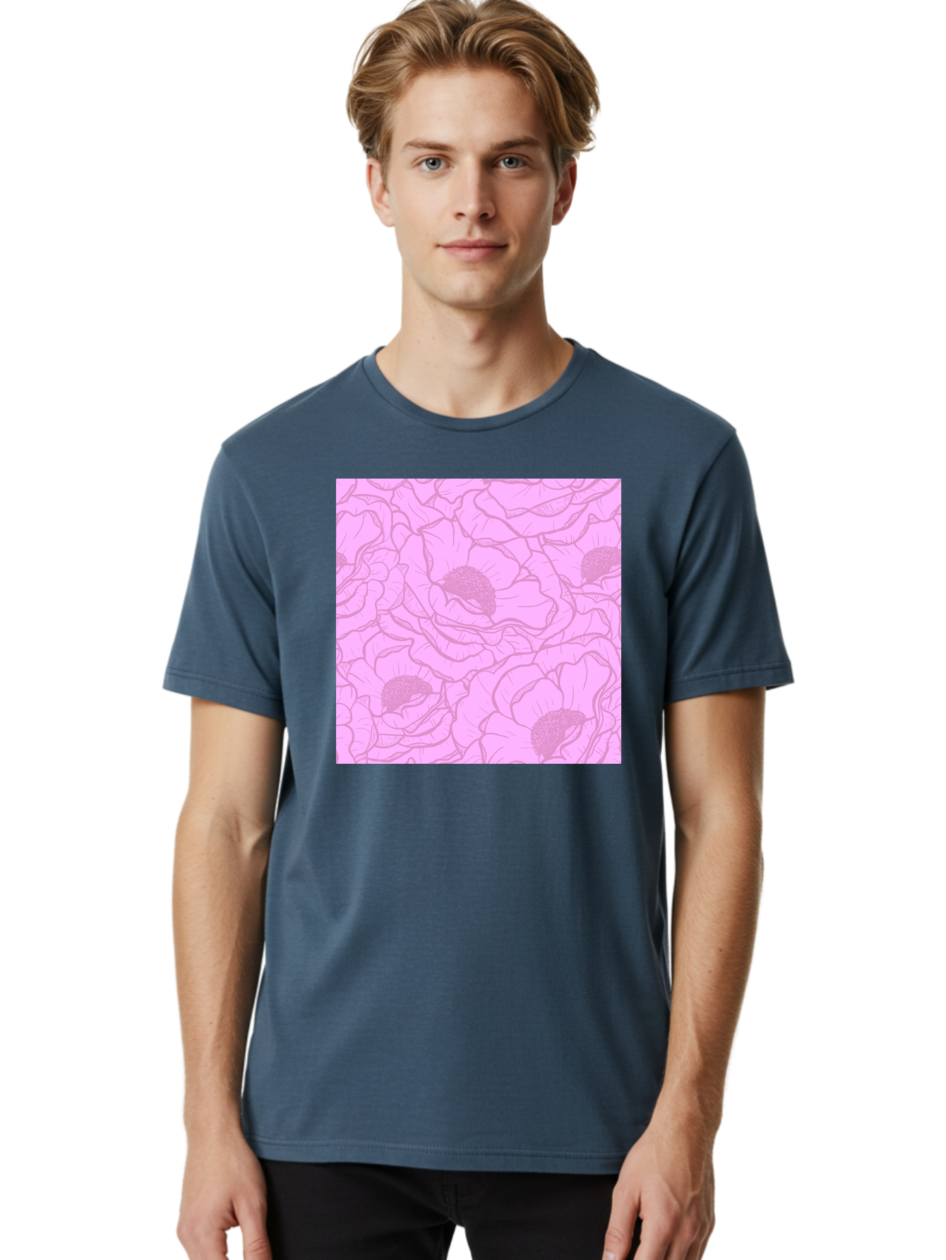 Poppies Men'S Graphic Tee, 100% Cotton, Comfortable Casual Summer Wear, Machine Washable, Pink Flowers, Floral Pattern, Delicate Petals, Intricate Details, Soft Pink Hue, Feminine Design, Bohemian Style, Wallpaper, Pastel Colors, Aac417