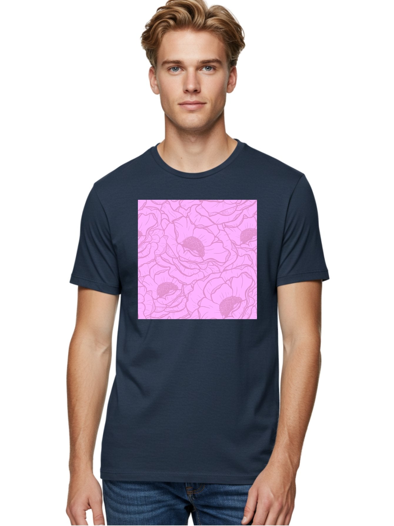 Poppies Men'S Graphic Tee, 100% Cotton, Comfortable Casual Summer Wear, Machine Washable, Pink Flowers, Floral Pattern, Delicate Petals, Intricate Details, Soft Pink Hue, Feminine Design, Bohemian Style, Wallpaper, Pastel Colors, Aac417 18