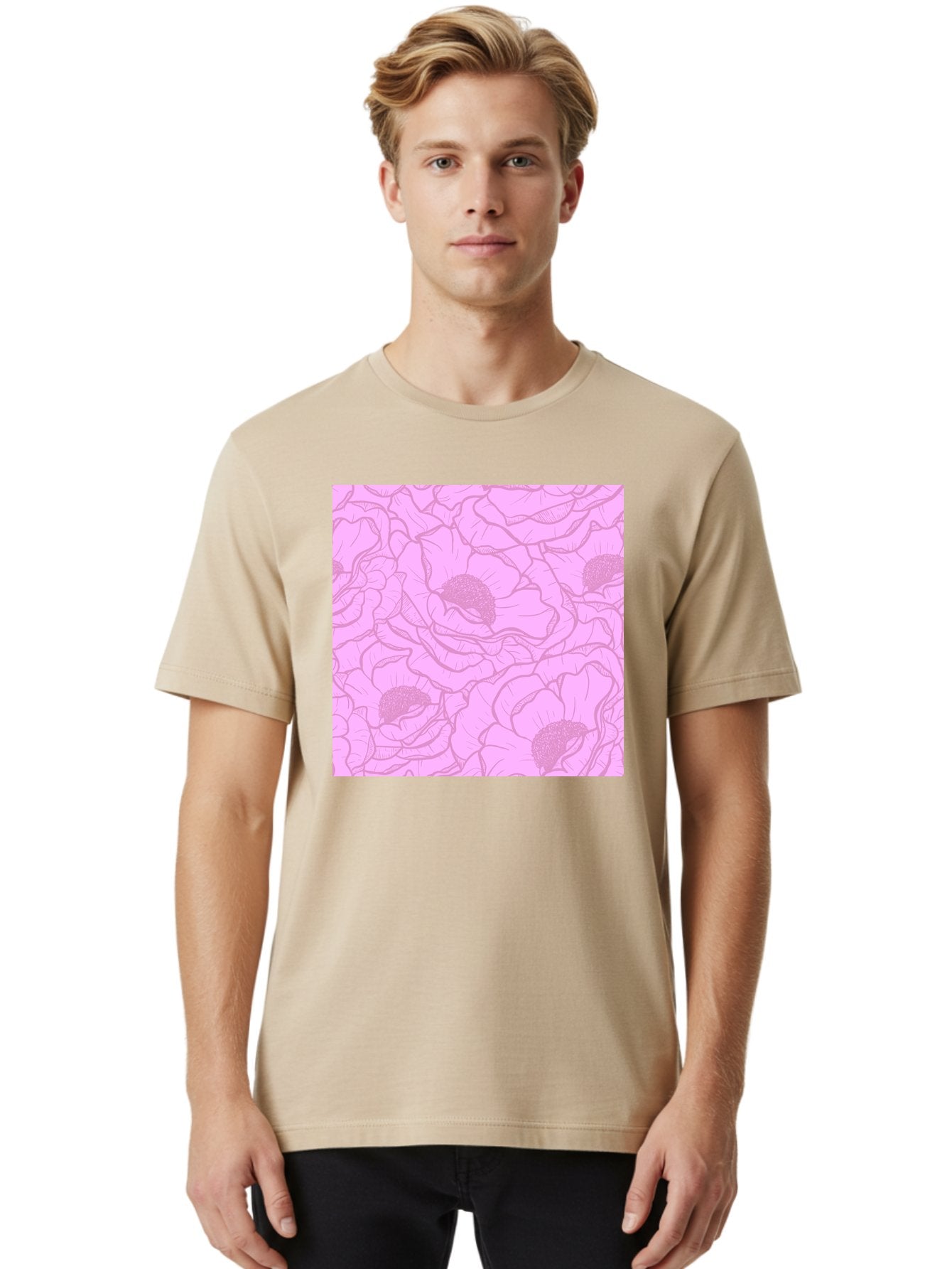 Poppies Men'S Graphic Tee, 100% Cotton, Comfortable Casual Summer Wear, Machine Washable, Pink Flowers, Floral Pattern, Delicate Petals, Intricate Details, Soft Pink Hue, Feminine Design, Bohemian Style, Wallpaper, Pastel Colors, Aac417 24