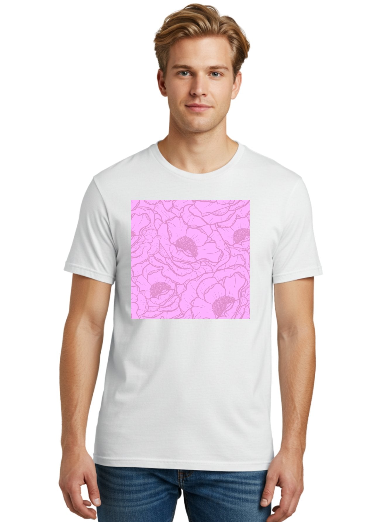 Poppies Men'S Graphic Tee, 100% Cotton, Comfortable Casual Summer Wear, Machine Washable, Pink Flowers, Floral Pattern, Delicate Petals, Intricate Details, Soft Pink Hue, Feminine Design, Bohemian Style, Wallpaper, Pastel Colors, Aac417 21