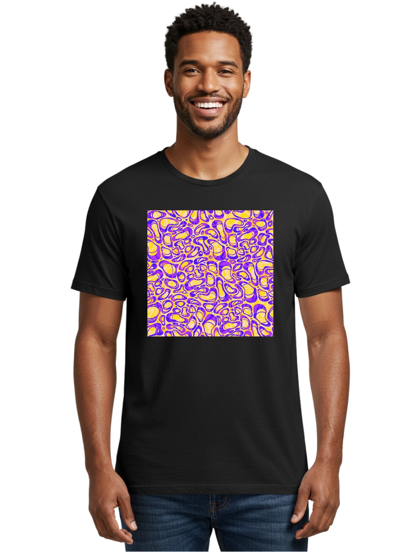 Purple-And-Yellow-Swirl Men'S Graphic Tee, 100% Cotton, Comfortable Casual Summer Wear, Machine Washable, Amethyst And Lemon Swirly Pattern, Abstract Design, Vibrant Purple, Yellow Shapes, Organic Texture, Mesmerizing Visual Effect, Aac418 21