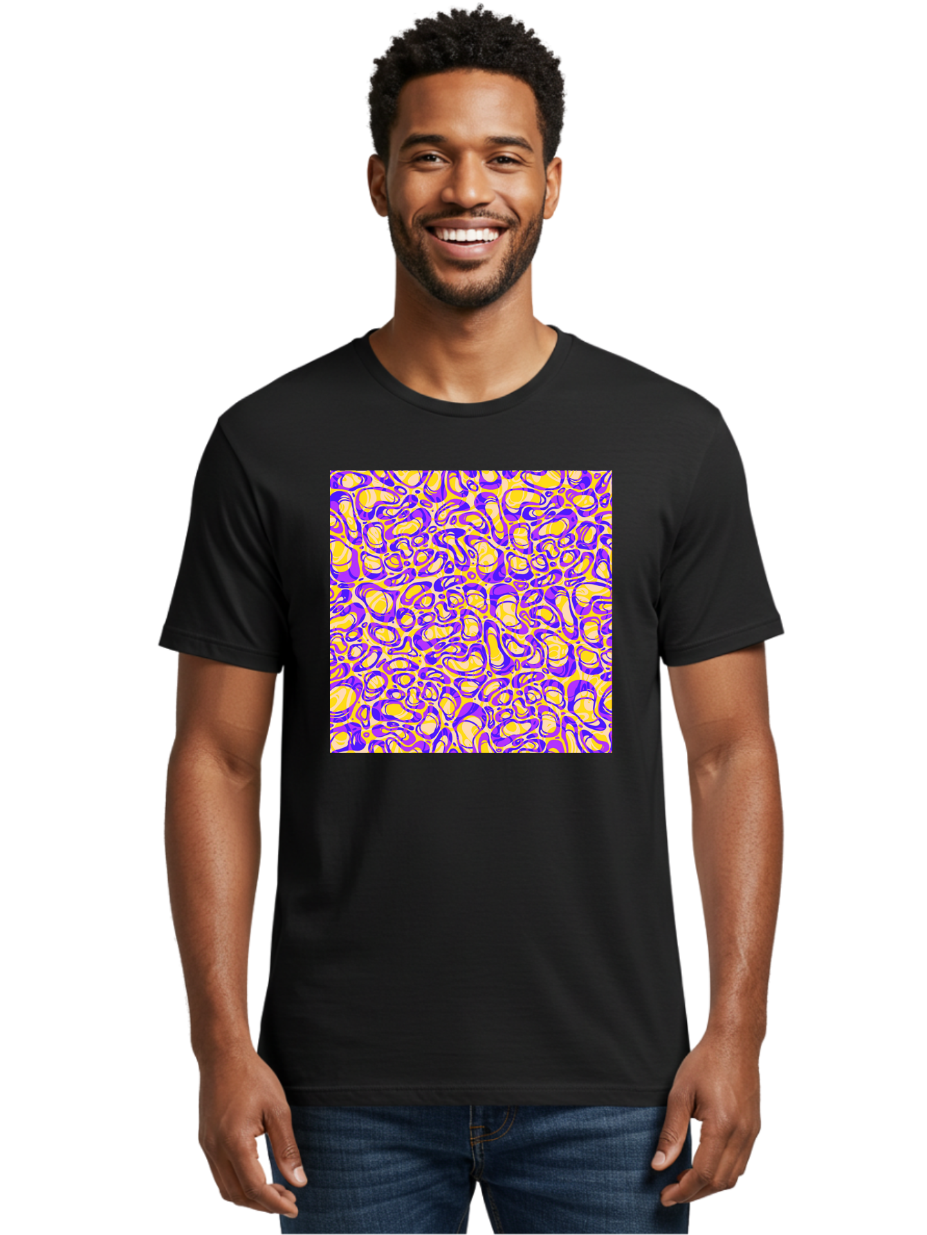 Purple-And-Yellow-Swirl Men'S Graphic Tee, 100% Cotton, Comfortable Casual Summer Wear, Machine Washable, Amethyst And Lemon Swirly Pattern, Abstract Design, Vibrant Purple, Yellow Shapes, Organic Texture, Mesmerizing Visual Effect, Aac418 20