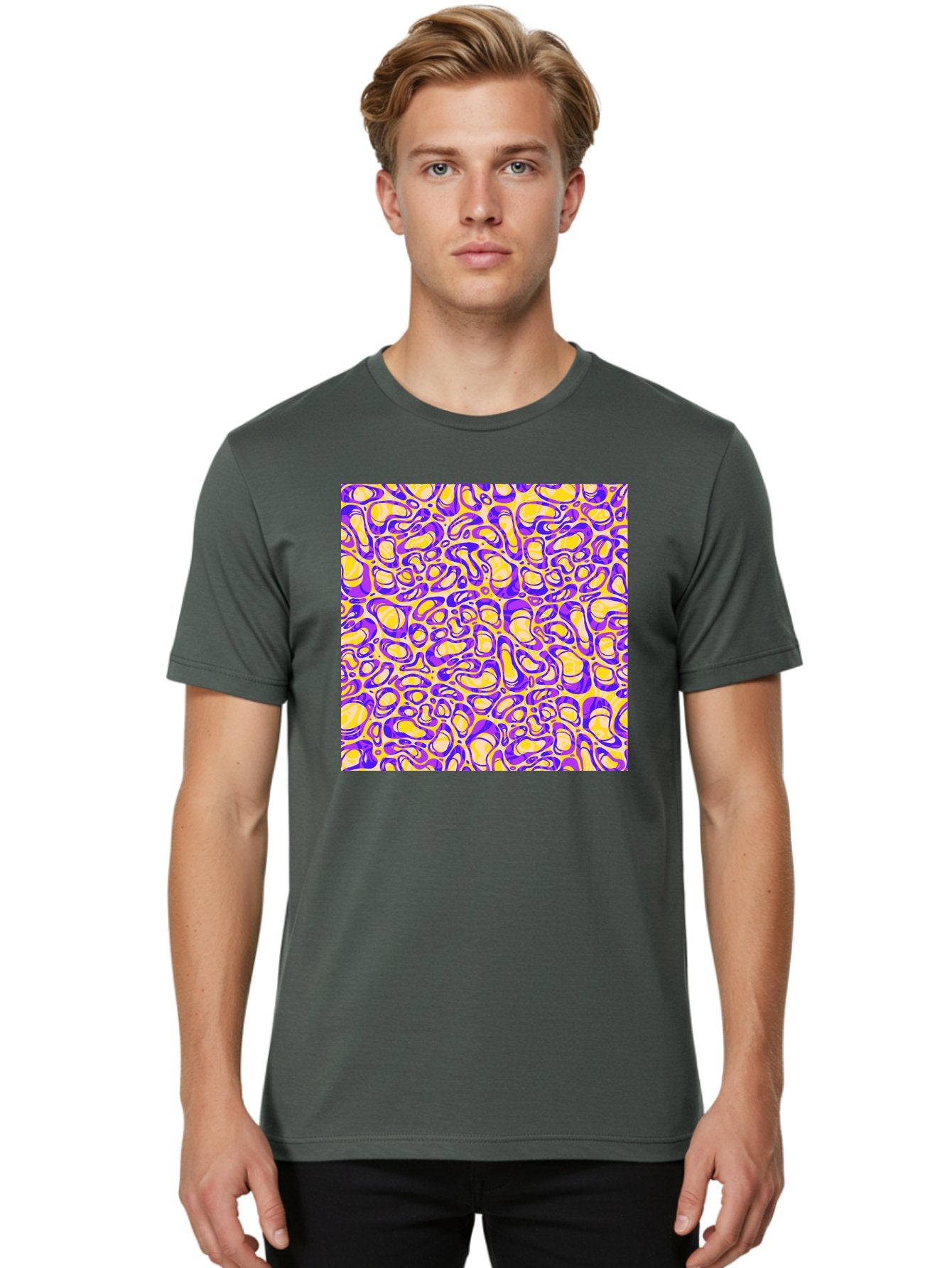 Purple-And-Yellow-Swirl Men'S Graphic Tee, 100% Cotton, Comfortable Casual Summer Wear, Machine Washable, Amethyst And Lemon Swirly Pattern, Abstract Design, Vibrant Purple, Yellow Shapes, Organic Texture, Mesmerizing Visual Effect, Aac418 17