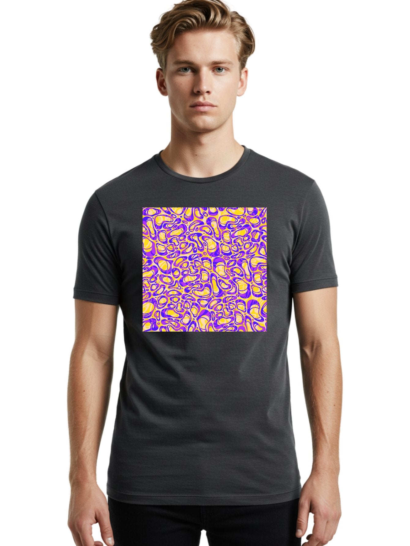 Purple-And-Yellow-Swirl Men'S Graphic Tee, 100% Cotton, Comfortable Casual Summer Wear, Machine Washable, Amethyst And Lemon Swirly Pattern, Abstract Design, Vibrant Purple, Yellow Shapes, Organic Texture, Mesmerizing Visual Effect, Aac418 25