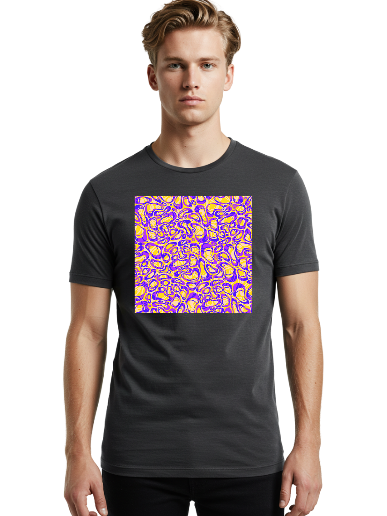 Purple-And-Yellow-Swirl Men'S Graphic Tee, 100% Cotton, Comfortable Casual Summer Wear, Machine Washable, Amethyst And Lemon Swirly Pattern, Abstract Design, Vibrant Purple, Yellow Shapes, Organic Texture, Mesmerizing Visual Effect, Aac418 12
