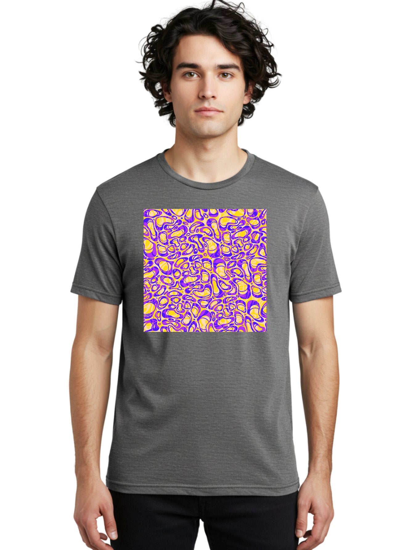 Purple-And-Yellow-Swirl Men'S Graphic Tee, 100% Cotton, Comfortable Casual Summer Wear, Machine Washable, Amethyst And Lemon Swirly Pattern, Abstract Design, Vibrant Purple, Yellow Shapes, Organic Texture, Mesmerizing Visual Effect, Aac418 22