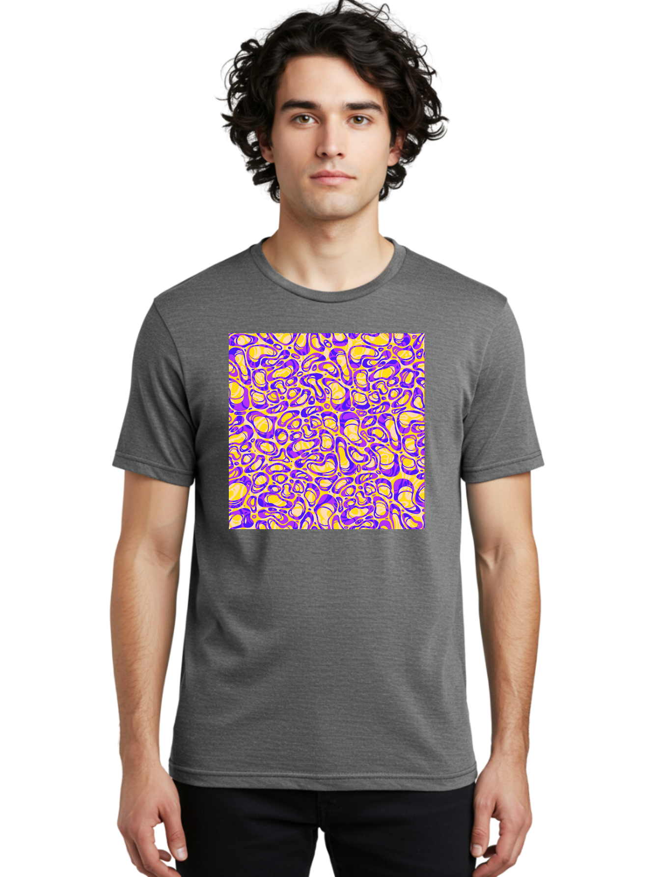 Purple-And-Yellow-Swirl Men'S Graphic Tee, 100% Cotton, Comfortable Casual Summer Wear, Machine Washable, Amethyst And Lemon Swirly Pattern, Abstract Design, Vibrant Purple, Yellow Shapes, Organic Texture, Mesmerizing Visual Effect, Aac418 18