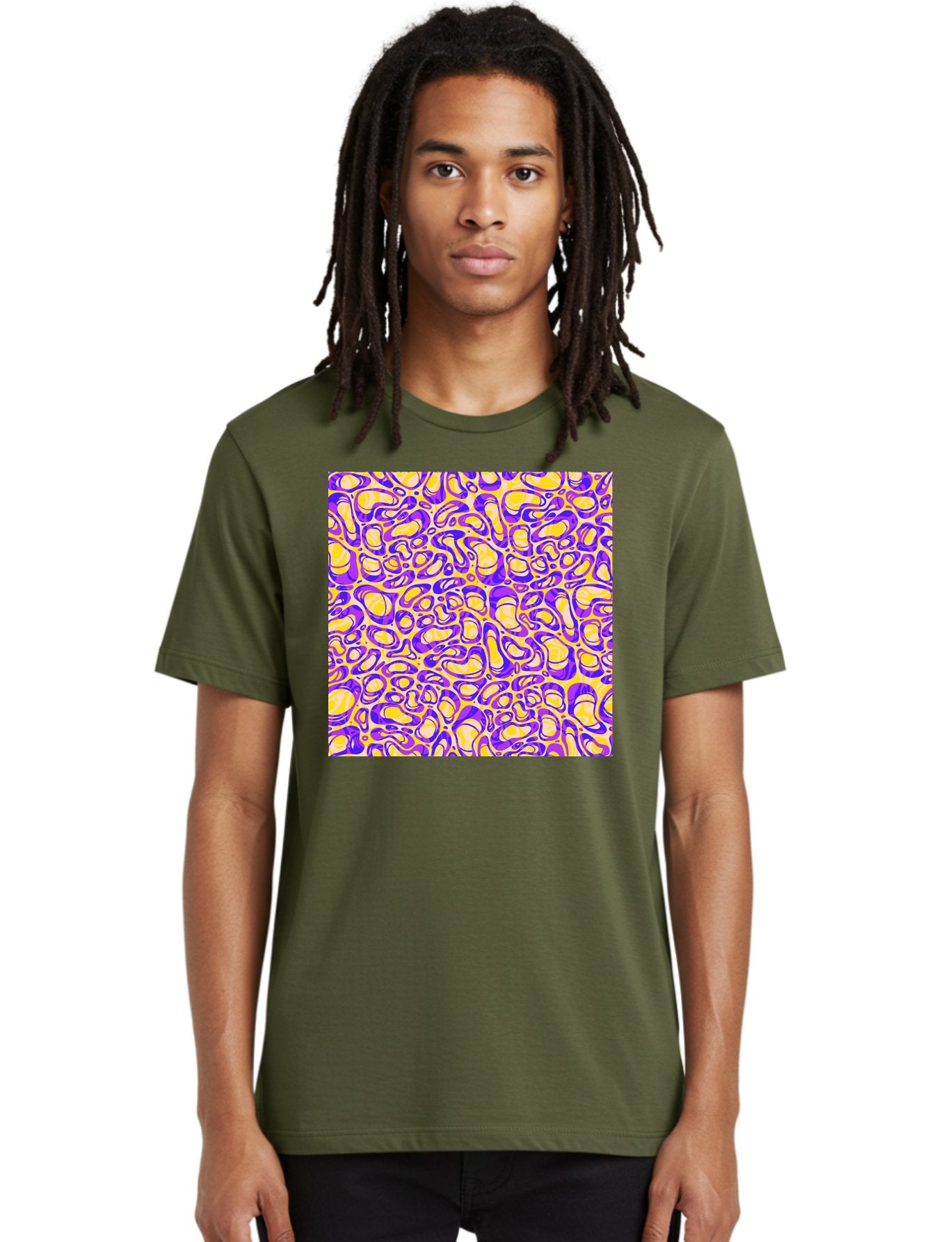 Purple-And-Yellow-Swirl Men'S Graphic Tee, 100% Cotton, Comfortable Casual Summer Wear, Machine Washable, Amethyst And Lemon Swirly Pattern, Abstract Design, Vibrant Purple, Yellow Shapes, Organic Texture, Mesmerizing Visual Effect, Aac418 16