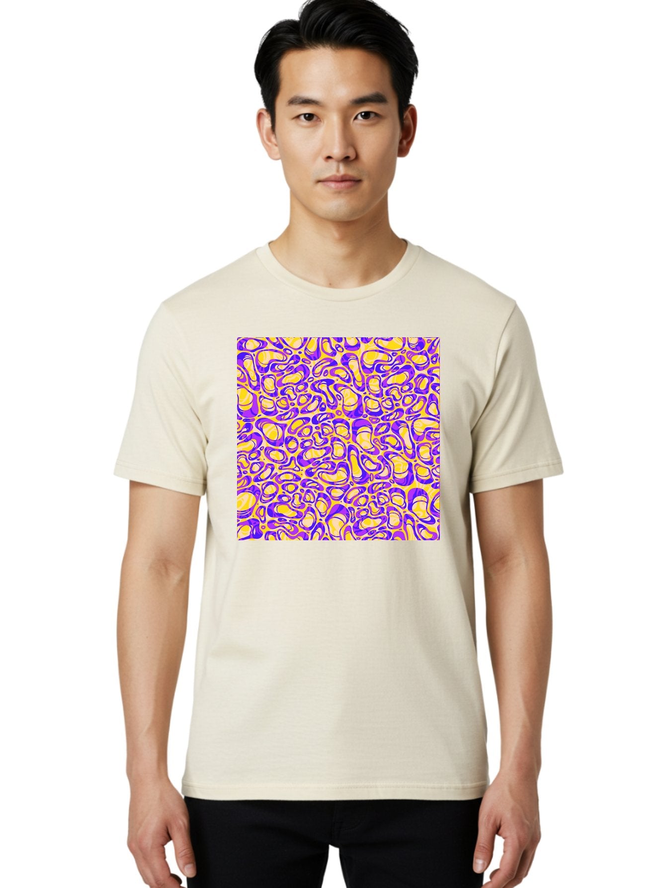 Purple-And-Yellow-Swirl Men'S Graphic Tee, 100% Cotton, Comfortable Casual Summer Wear, Machine Washable, Amethyst And Lemon Swirly Pattern, Abstract Design, Vibrant Purple, Yellow Shapes, Organic Texture, Mesmerizing Visual Effect, Aac418 20