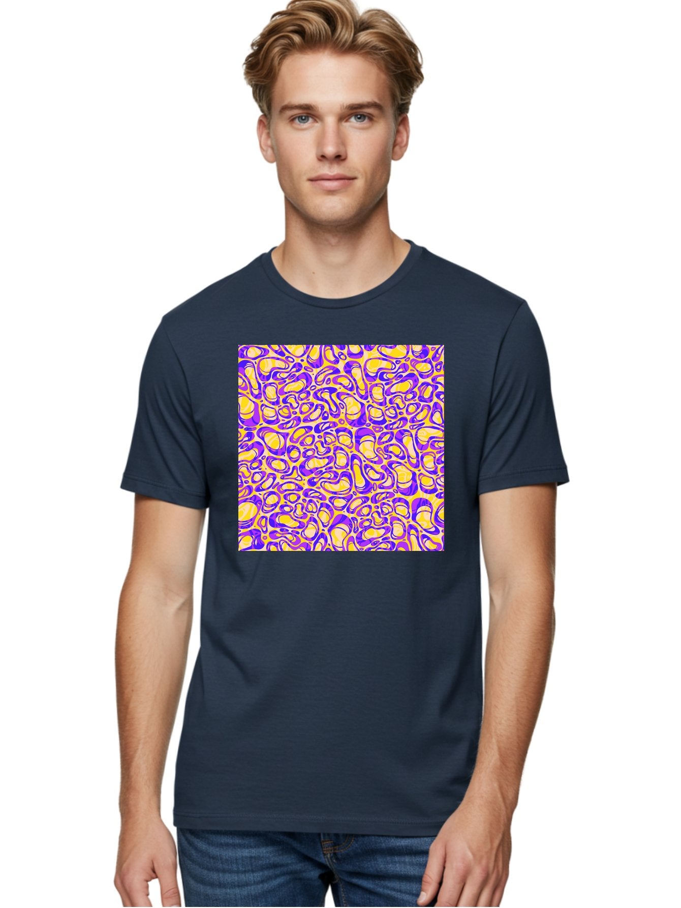 Purple-And-Yellow-Swirl Men'S Graphic Tee, 100% Cotton, Comfortable Casual Summer Wear, Machine Washable, Amethyst And Lemon Swirly Pattern, Abstract Design, Vibrant Purple, Yellow Shapes, Organic Texture, Mesmerizing Visual Effect, Aac418 19