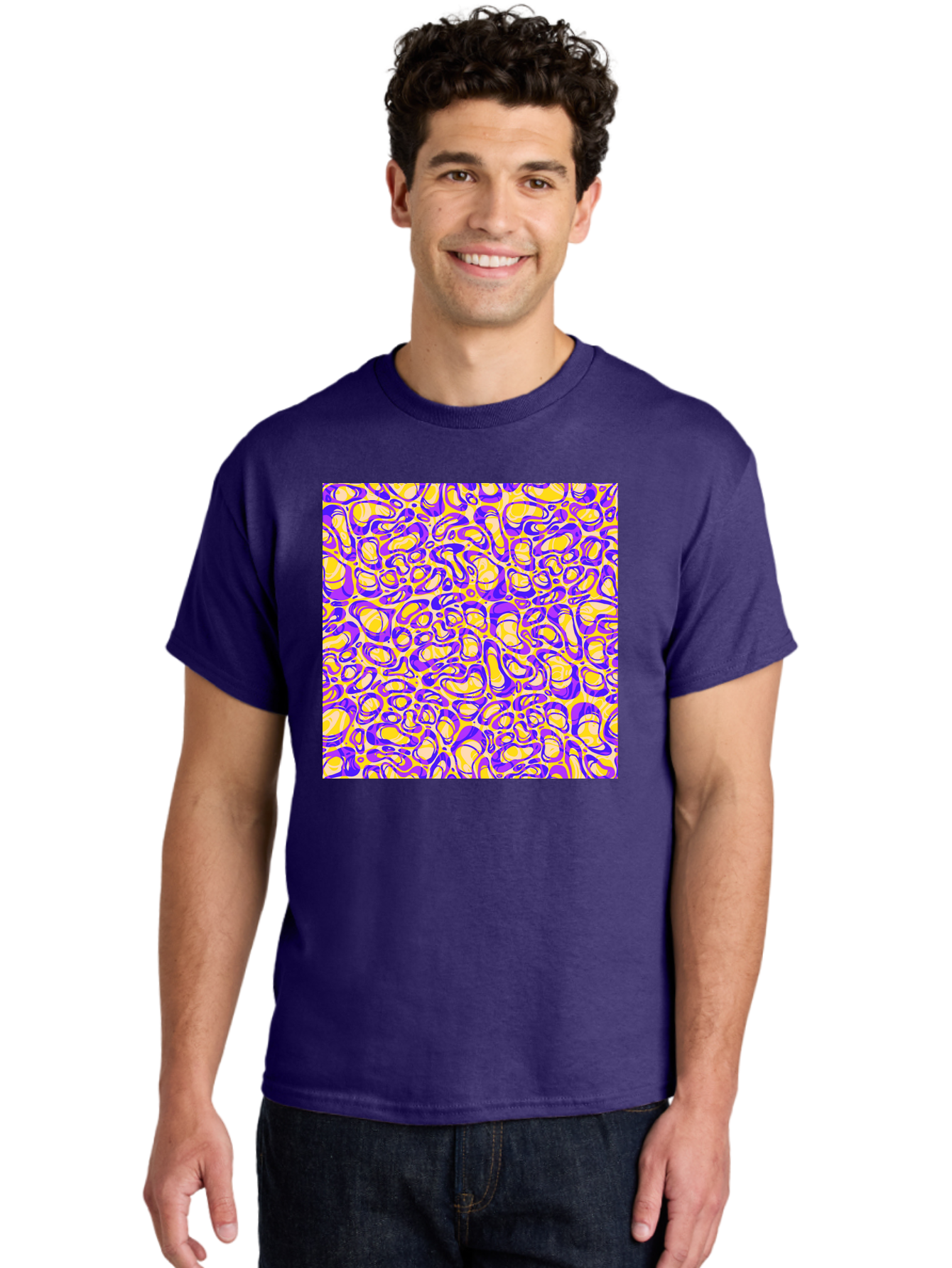 Purple-And-Yellow-Swirl Men'S Graphic Tee, 100% Cotton, Comfortable Casual Summer Wear, Machine Washable, Amethyst And Lemon Swirly Pattern, Abstract Design, Vibrant Purple, Yellow Shapes, Organic Texture, Mesmerizing Visual Effect, Aac418 24