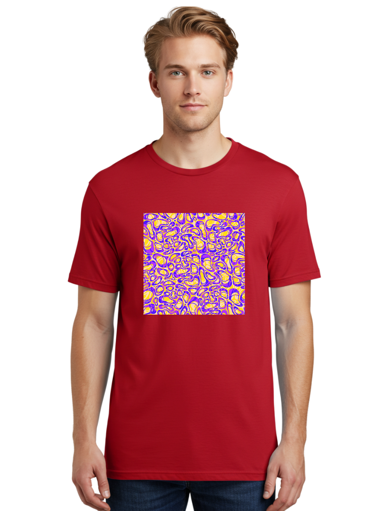Purple-And-Yellow-Swirl Men'S Graphic Tee, 100% Cotton, Comfortable Casual Summer Wear, Machine Washable, Amethyst And Lemon Swirly Pattern, Abstract Design, Vibrant Purple, Yellow Shapes, Organic Texture, Mesmerizing Visual Effect, Aac418 4