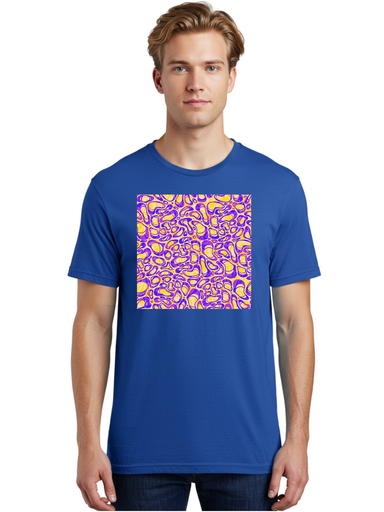 Purple-And-Yellow-Swirl Men'S Graphic Tee, 100% Cotton, Comfortable Casual Summer Wear, Machine Washable, Amethyst And Lemon Swirly Pattern, Abstract Design, Vibrant Purple, Yellow Shapes, Organic Texture, Mesmerizing Visual Effect, Aac418 30