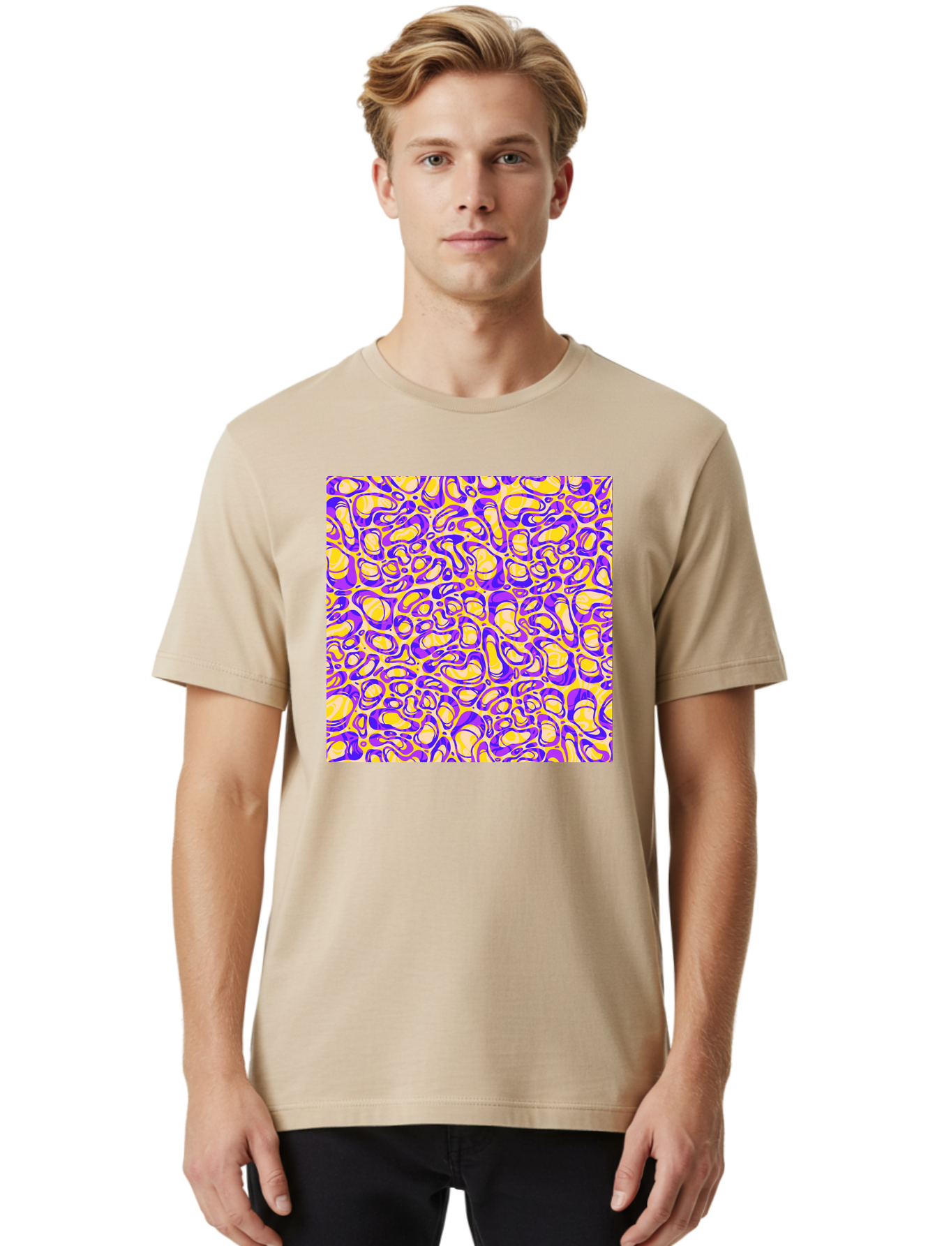Purple-And-Yellow-Swirl Men'S Graphic Tee, 100% Cotton, Comfortable Casual Summer Wear, Machine Washable, Amethyst And Lemon Swirly Pattern, Abstract Design, Vibrant Purple, Yellow Shapes, Organic Texture, Mesmerizing Visual Effect, Aac418 16