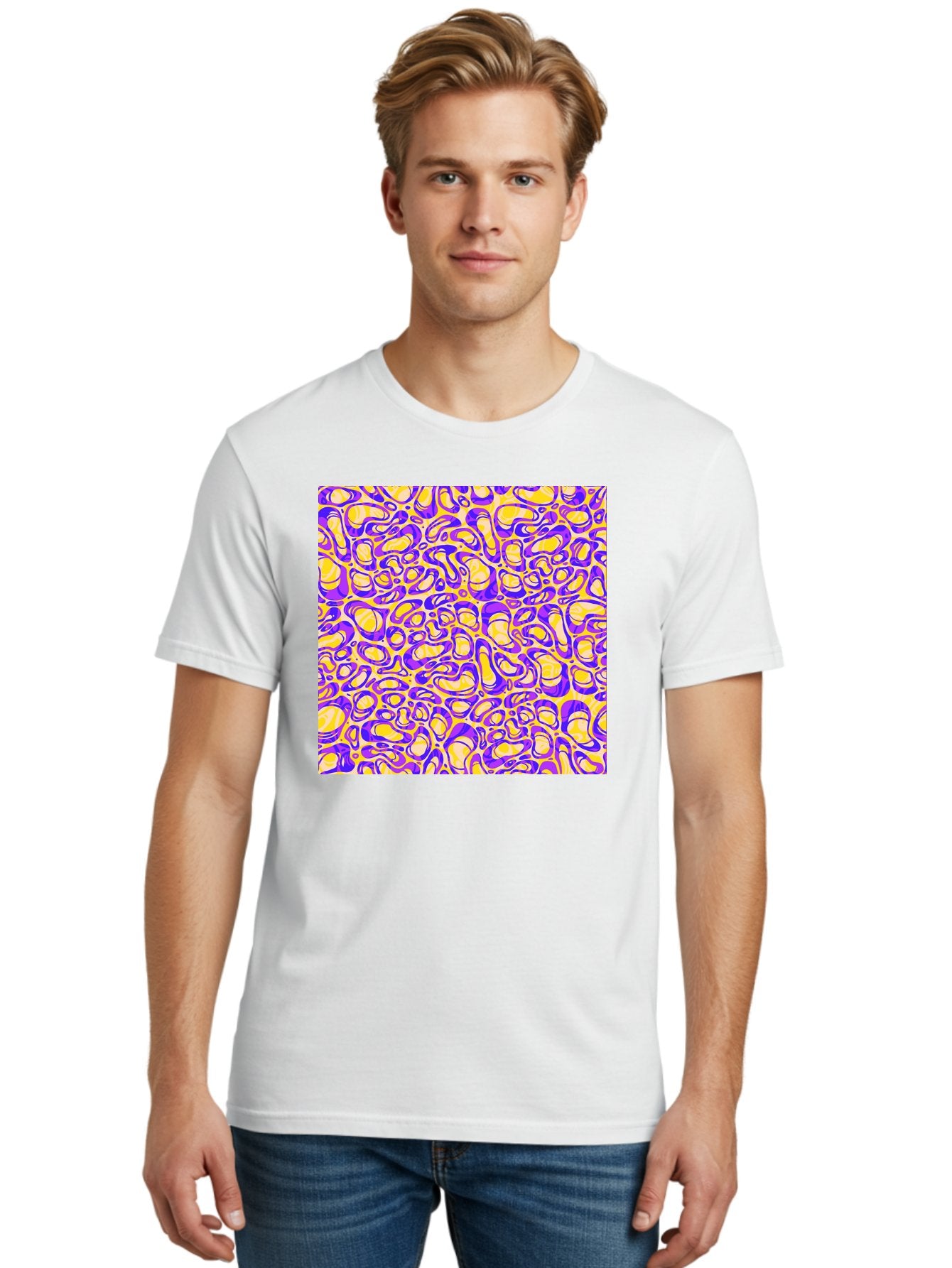 Purple-And-Yellow-Swirl Men'S Graphic Tee, 100% Cotton, Comfortable Casual Summer Wear, Machine Washable, Amethyst And Lemon Swirly Pattern, Abstract Design, Vibrant Purple, Yellow Shapes, Organic Texture, Mesmerizing Visual Effect, Aac418 24
