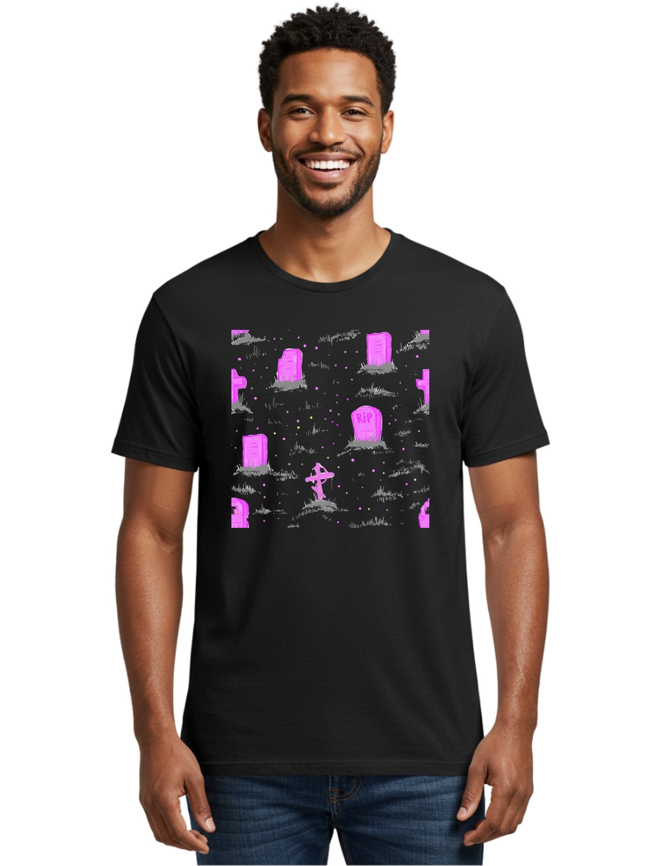 Rip-Graveyard Men'S Graphic Tee, 100% Cotton, Comfortable Casual Summer Wear, Machine Washable, Graveyard Scene, Pink Tombstones, Rip Inscription, Graveyard Crosses, Kawaii Style, Halloween Theme, Cartoonish Illustration, Pastel Colors, Aac419 24