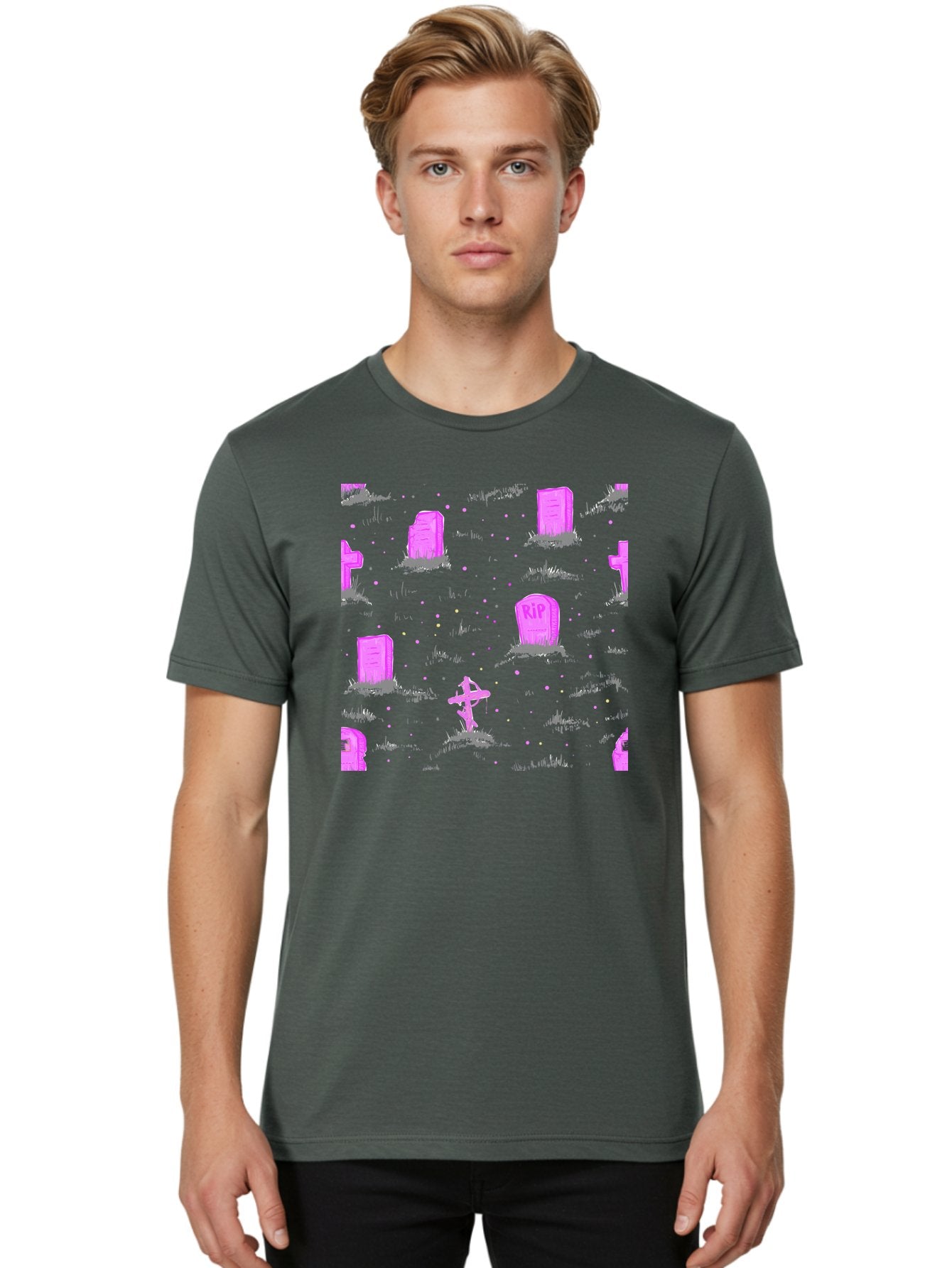Rip-Graveyard Men'S Graphic Tee, 100% Cotton, Comfortable Casual Summer Wear, Machine Washable, Graveyard Scene, Pink Tombstones, Rip Inscription, Graveyard Crosses, Kawaii Style, Halloween Theme, Cartoonish Illustration, Pastel Colors, Aac419 17