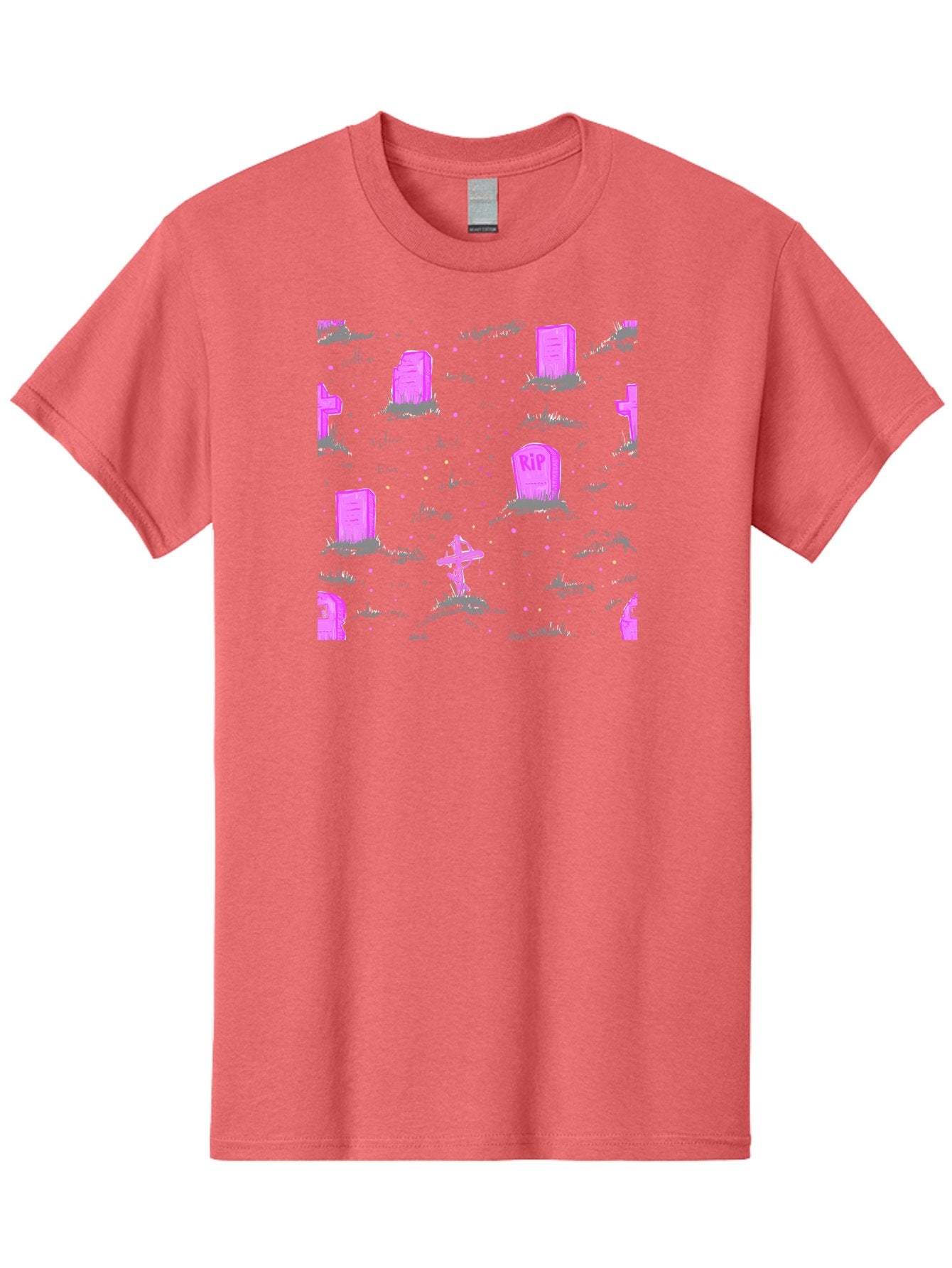 Rip-Graveyard Men'S Graphic Tee, 100% Cotton, Comfortable Casual Summer Wear, Machine Washable, Graveyard Scene, Pink Tombstones, Rip Inscription, Graveyard Crosses, Kawaii Style, Halloween Theme, Cartoonish Illustration, Pastel Colors, Aac419 11