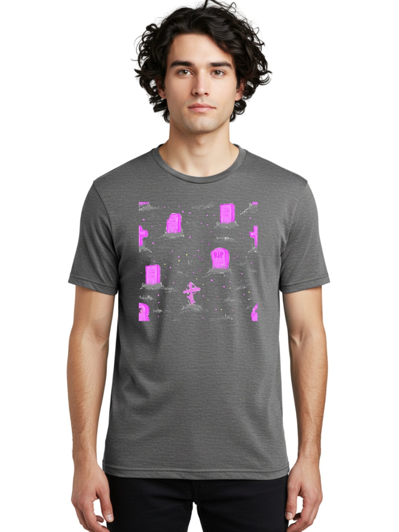 Rip-Graveyard Men'S Graphic Tee, 100% Cotton, Comfortable Casual Summer Wear, Machine Washable, Graveyard Scene, Pink Tombstones, Rip Inscription, Graveyard Crosses, Kawaii Style, Halloween Theme, Cartoonish Illustration, Pastel Colors, Aac419 23