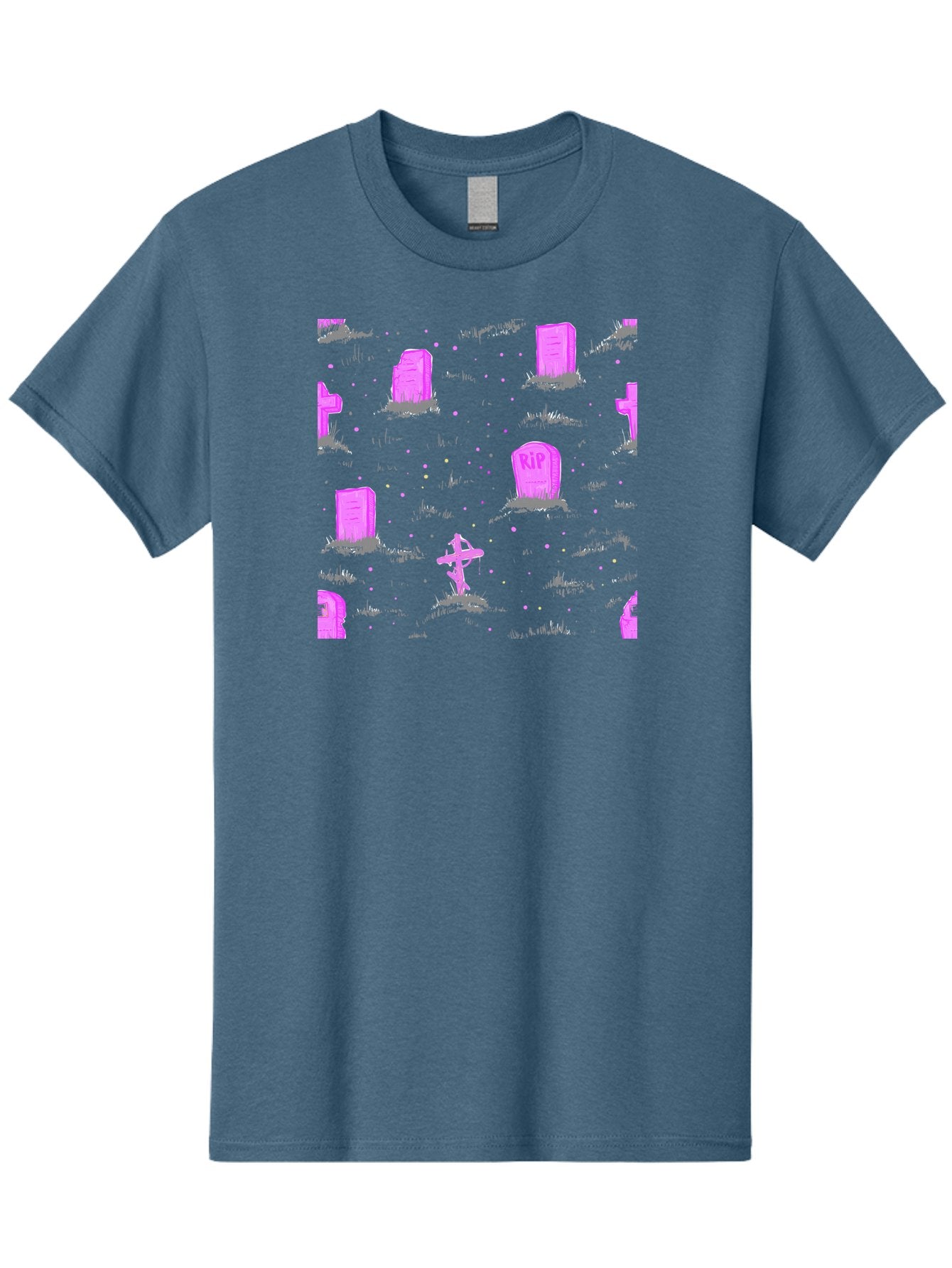 Rip-Graveyard Men'S Graphic Tee, 100% Cotton, Comfortable Casual Summer Wear, Machine Washable, Graveyard Scene, Pink Tombstones, Rip Inscription, Graveyard Crosses, Kawaii Style, Halloween Theme, Cartoonish Illustration, Pastel Colors, Aac419 7