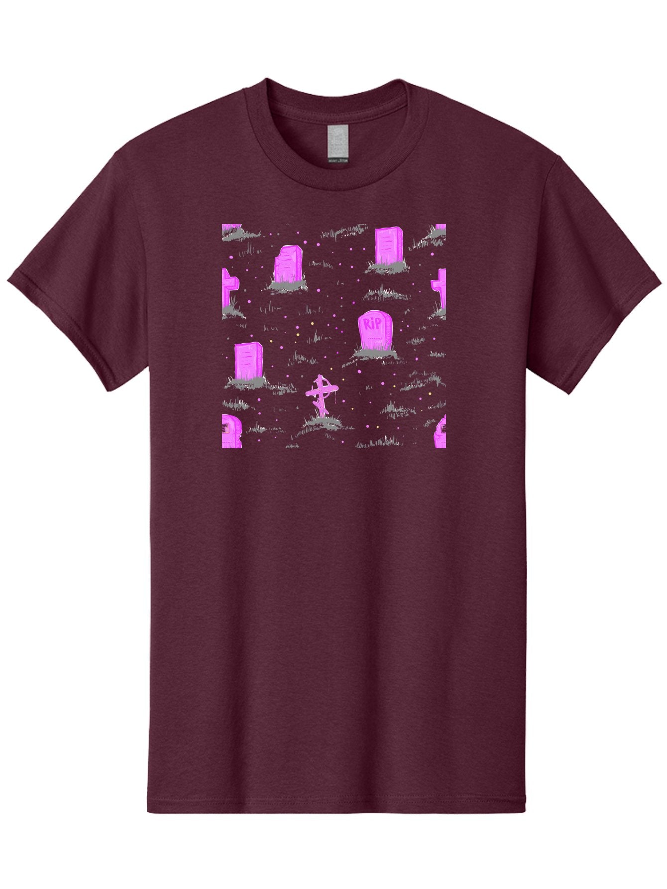 Rip-Graveyard Men'S Graphic Tee, 100% Cotton, Comfortable Casual Summer Wear, Machine Washable, Graveyard Scene, Pink Tombstones, Rip Inscription, Graveyard Crosses, Kawaii Style, Halloween Theme, Cartoonish Illustration, Pastel Colors, Aac419 8