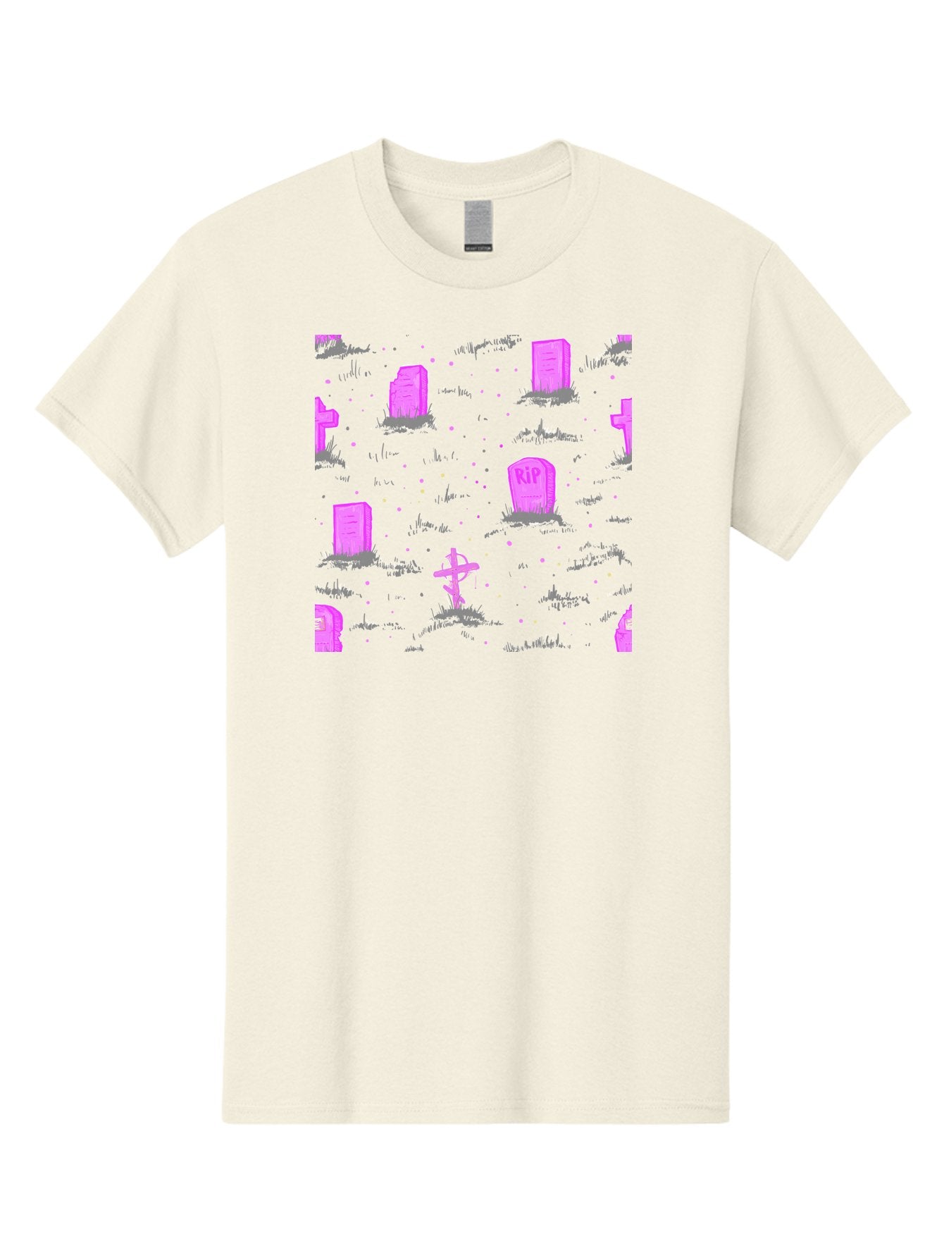 Rip-Graveyard Men'S Graphic Tee, 100% Cotton, Comfortable Casual Summer Wear, Machine Washable, Graveyard Scene, Pink Tombstones, Rip Inscription, Graveyard Crosses, Kawaii Style, Halloween Theme, Cartoonish Illustration, Pastel Colors, Aac419 14