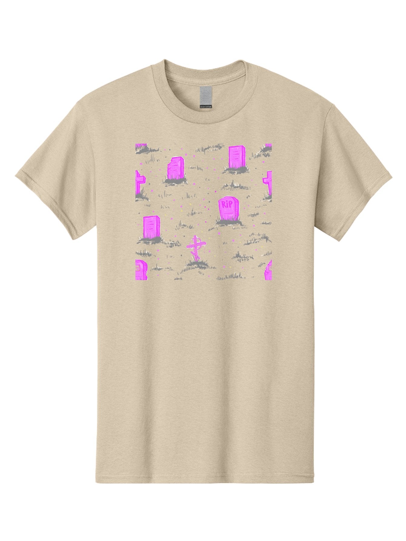 Rip-Graveyard Men'S Graphic Tee, 100% Cotton, Comfortable Casual Summer Wear, Machine Washable, Graveyard Scene, Pink Tombstones, Rip Inscription, Graveyard Crosses, Kawaii Style, Halloween Theme, Cartoonish Illustration, Pastel Colors, Aac419 4