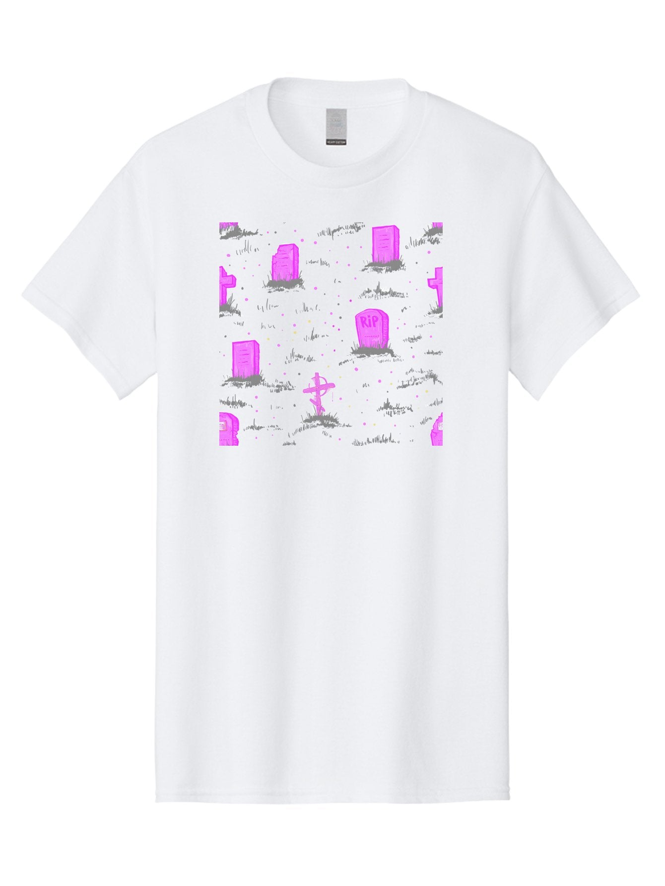 Rip-Graveyard Men'S Graphic Tee, 100% Cotton, Comfortable Casual Summer Wear, Machine Washable, Graveyard Scene, Pink Tombstones, Rip Inscription, Graveyard Crosses, Kawaii Style, Halloween Theme, Cartoonish Illustration, Pastel Colors, Aac419 9