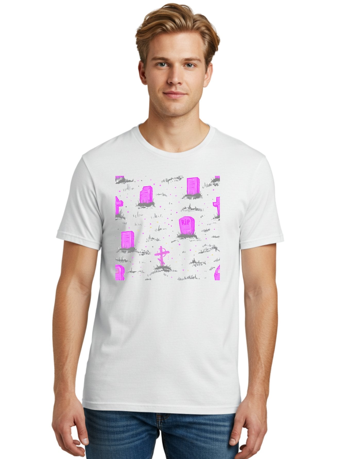 Rip-Graveyard Men'S Graphic Tee, 100% Cotton, Comfortable Casual Summer Wear, Machine Washable, Graveyard Scene, Pink Tombstones, Rip Inscription, Graveyard Crosses, Kawaii Style, Halloween Theme, Cartoonish Illustration, Pastel Colors, Aac419 26