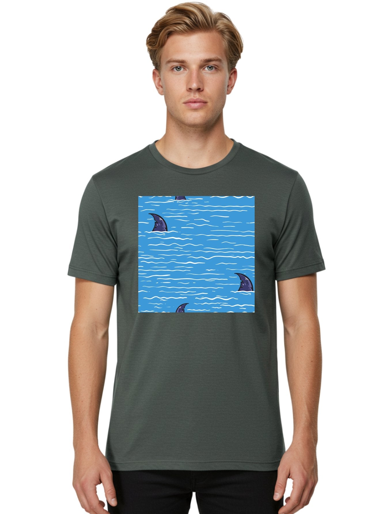 Shark-Fins Men'S Graphic Tee, 100% Cotton, Comfortable Casual Summer Wear, Machine Washable, Shark Fins In Water, Ocean Fins, Shark Attack, Marine Life, Blue Ocean, Wavy Sea, Shark Danger, Aquatic Scene Aac420 24
