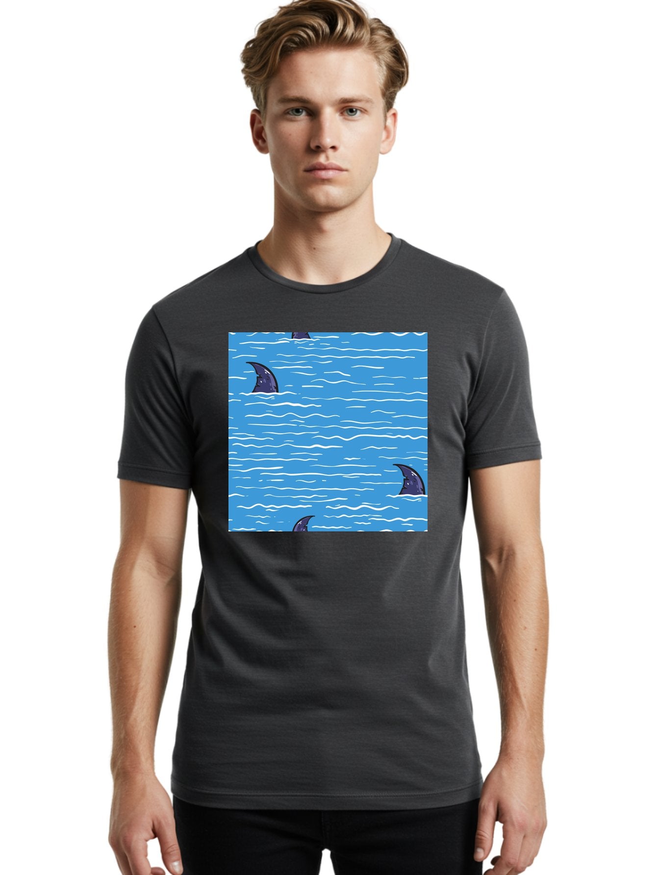 Shark-Fins Men'S Graphic Tee, 100% Cotton, Comfortable Casual Summer Wear, Machine Washable, Shark Fins In Water, Ocean Fins, Shark Attack, Marine Life, Blue Ocean, Wavy Sea, Shark Danger, Aquatic Scene Aac420 30