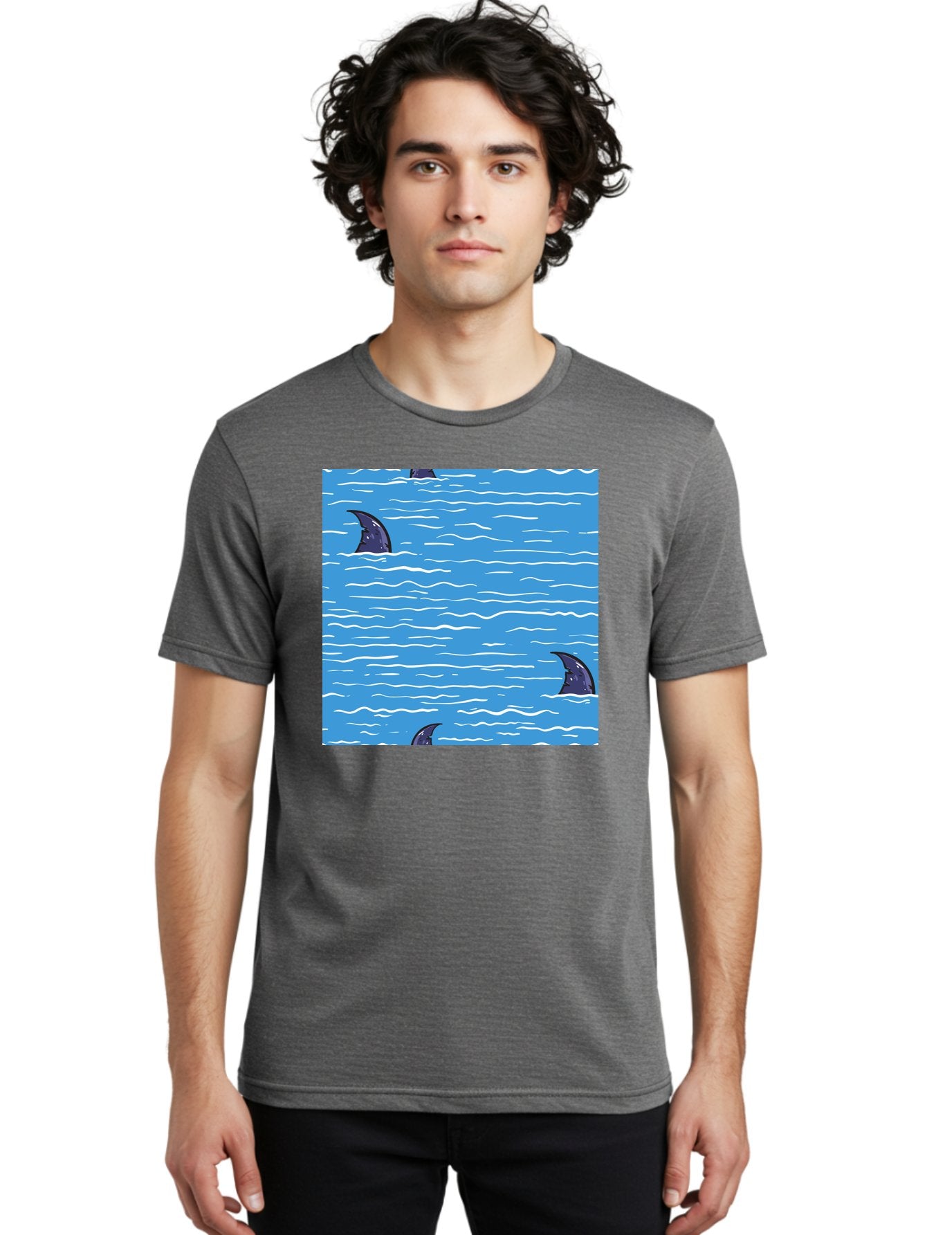 Shark-Fins Men'S Graphic Tee, 100% Cotton, Comfortable Casual Summer Wear, Machine Washable, Shark Fins In Water, Ocean Fins, Shark Attack, Marine Life, Blue Ocean, Wavy Sea, Shark Danger, Aquatic Scene Aac420 18