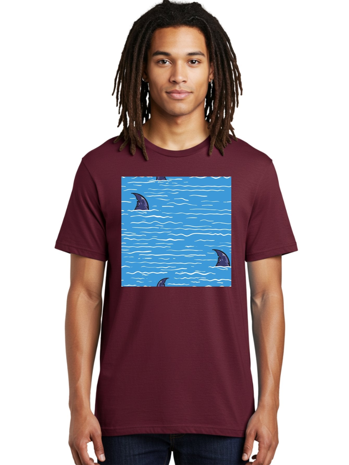 Shark-Fins Men'S Graphic Tee, 100% Cotton, Comfortable Casual Summer Wear, Machine Washable, Shark Fins In Water, Ocean Fins, Shark Attack, Marine Life, Blue Ocean, Wavy Sea, Shark Danger, Aquatic Scene Aac420 26